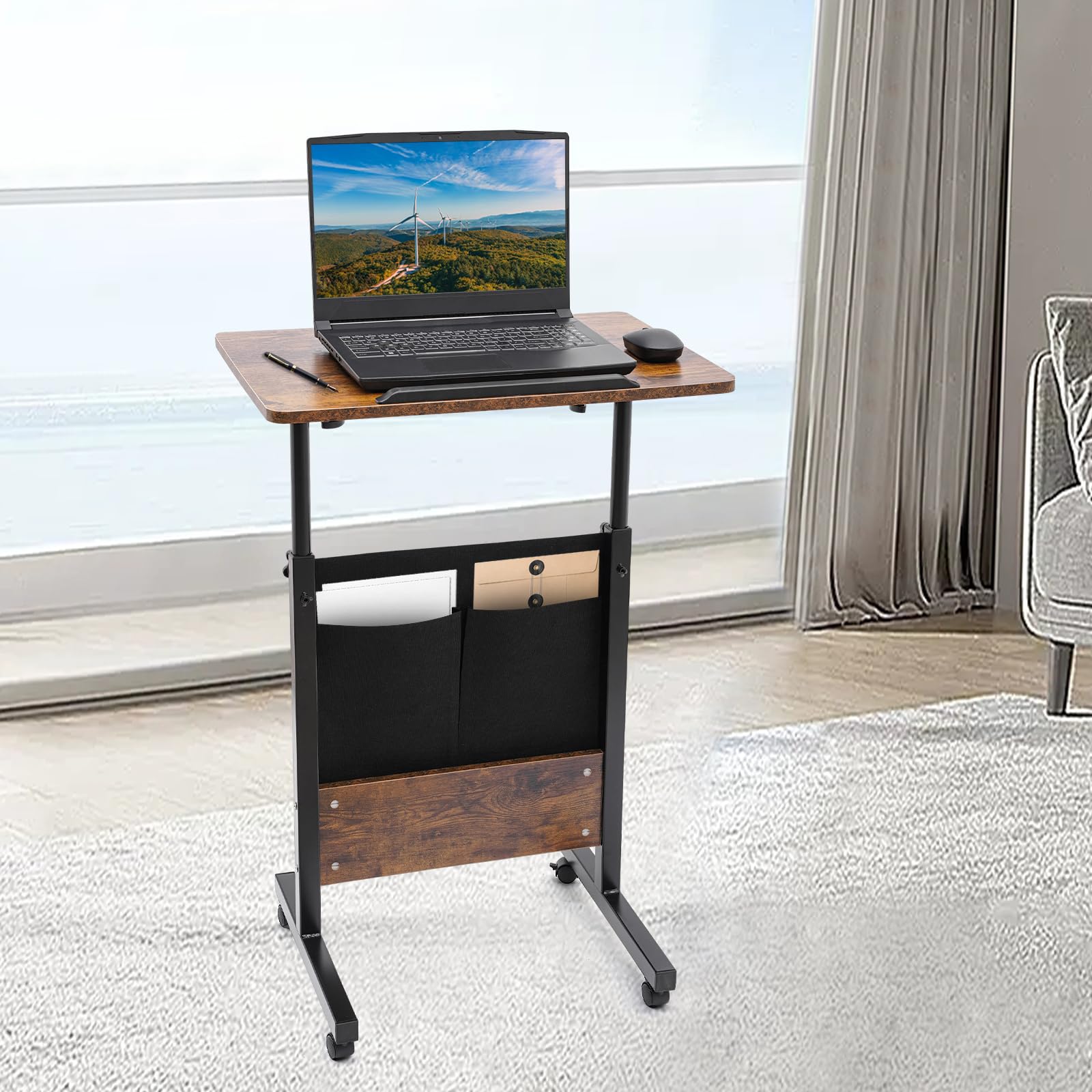 Mobile Standing Rolling Desk Adjustable Height Portable Laptop Desk with Wheels Storage Bag Height 32-47in Desk 24 16in — view 4