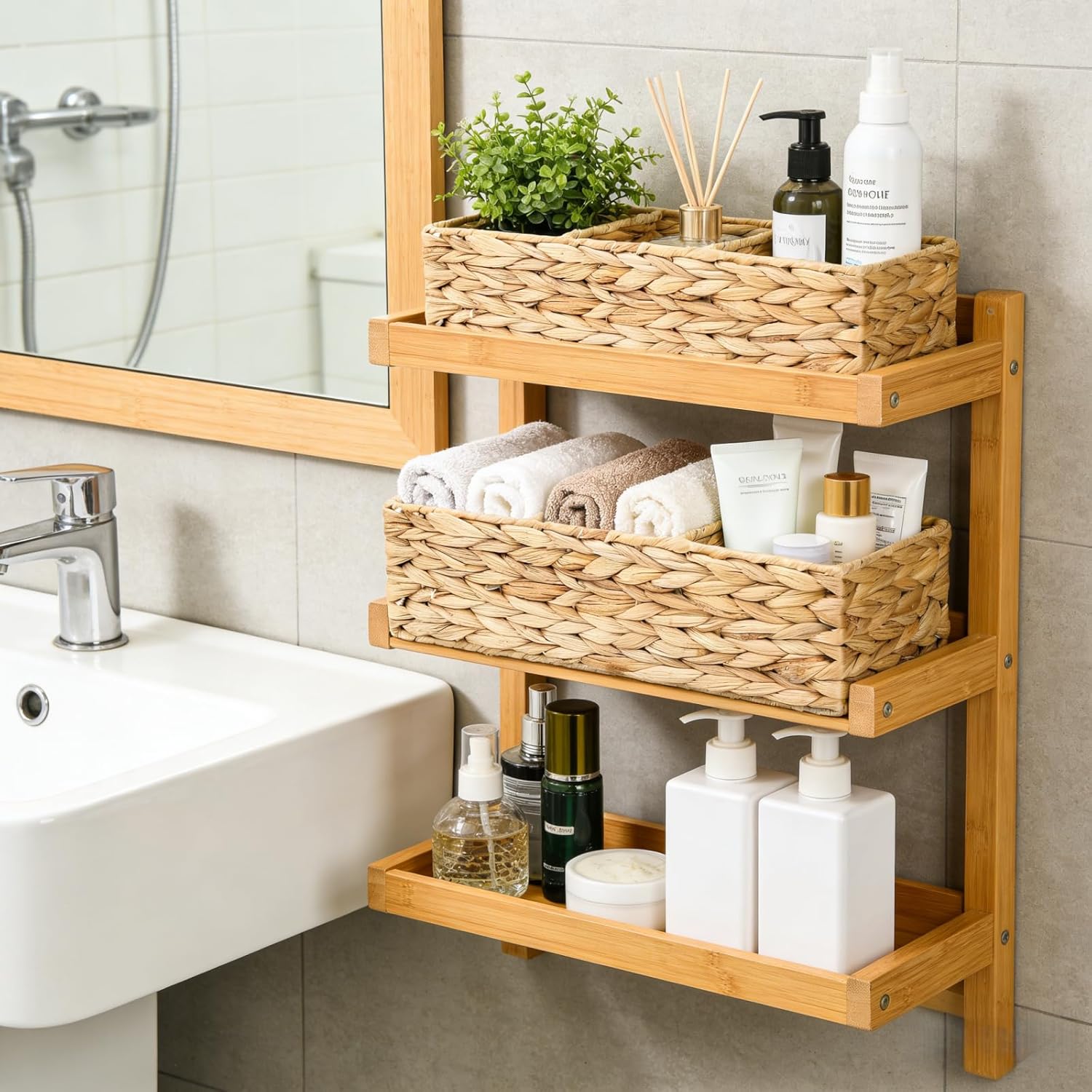 Pumtus 2 Pack 3-Section Woven Baskets, Water Hyacinth Storage Bin, Handwoven Desk Organizer, Toilet Paper Container, Rectangle Holder for Counter Top Toilet Tank Shelves Coffee Bar Pantry