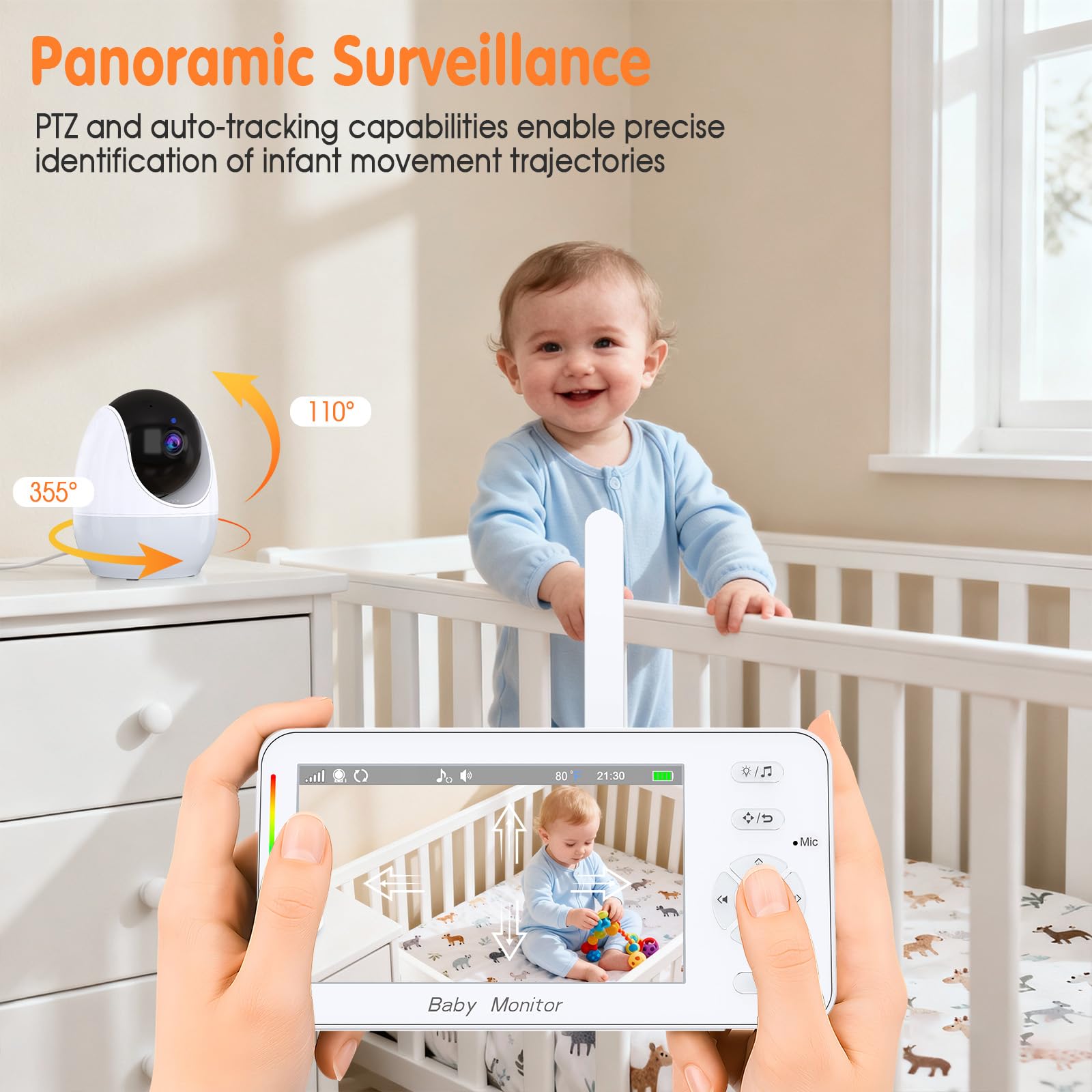Babyphone con fotocamera e app, monitor da 4,3" con zoom, visione notturna, pianto/movimento/rilevazione del rumore/ninna