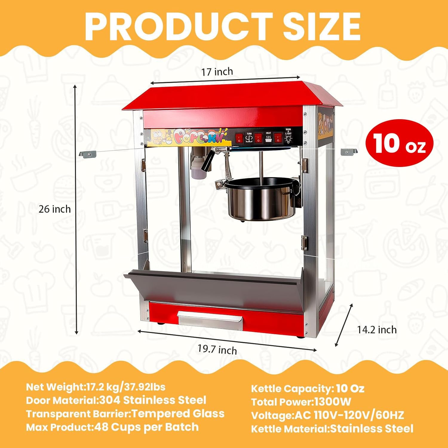 1300W Popcorn Machine with 10 Oz Kettle Makes Up to 48 Cups, Commercial Countertop Popcorn Machine Maker, 3 Switch Control for Quick 3-5 Minute Cinema Popcorn Making, Stainless Steel