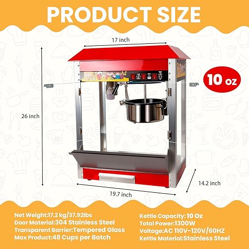 Miniatura 5 de Máquina comercial de palomitas de maíz de 1300 W, máquina gourmet para hacer palomitas de maíz para encimera con hervidor de 8 onzas para 48 tazas