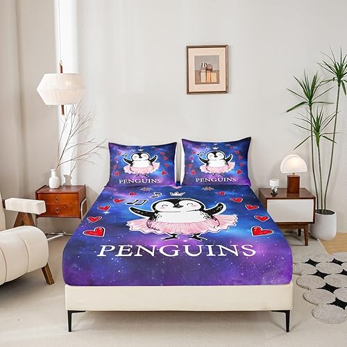 Miniatura 5 de Juego de sábanas de pingüino de dibujos animados para niños, tamaño King, bonito juego de ropa de cama de animales de poste ártico, decoración de