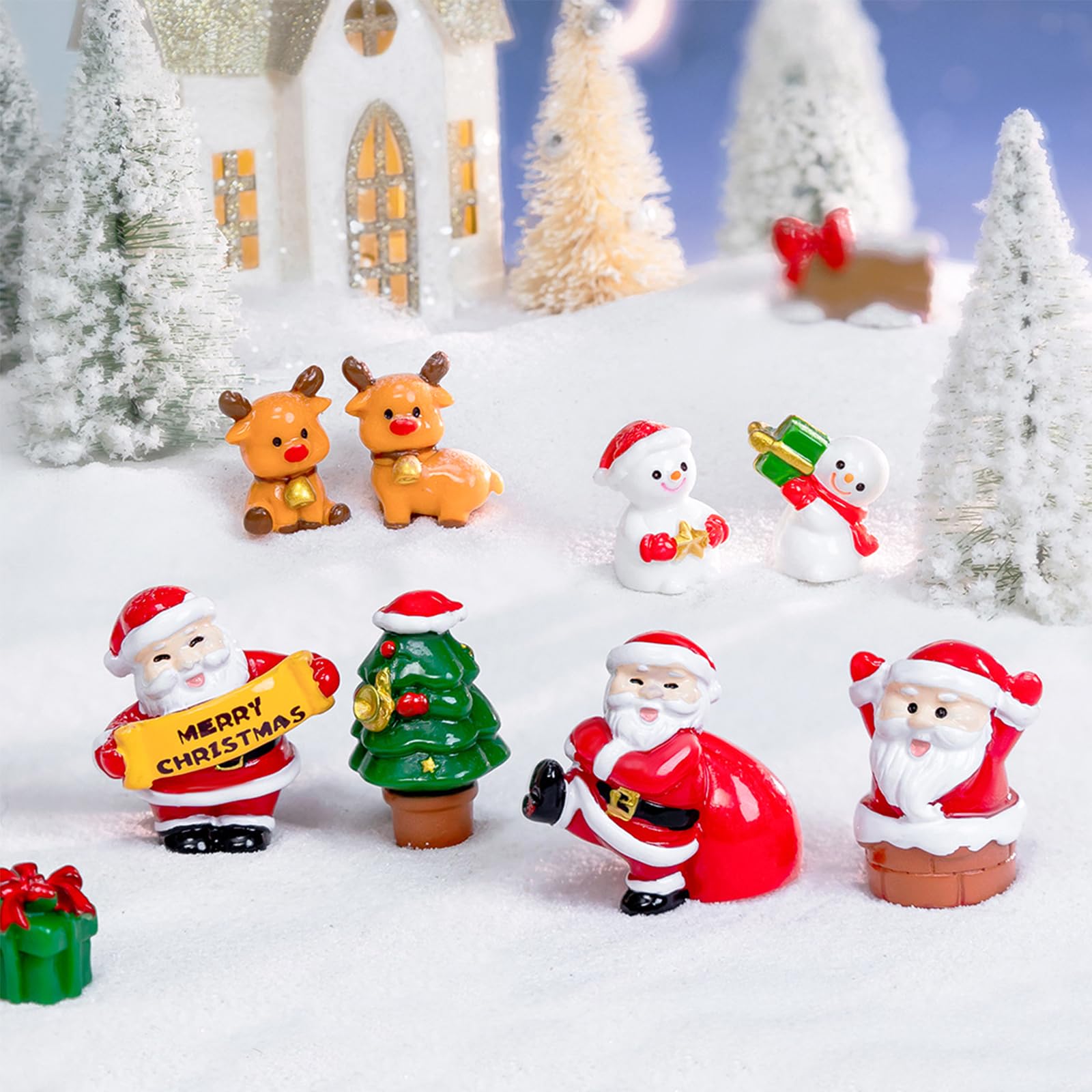 14-teiliges Weihnachts-Miniaturen-Set – Aus Harz, Mit Schneemännern, Weihnachtsmann & Baum
