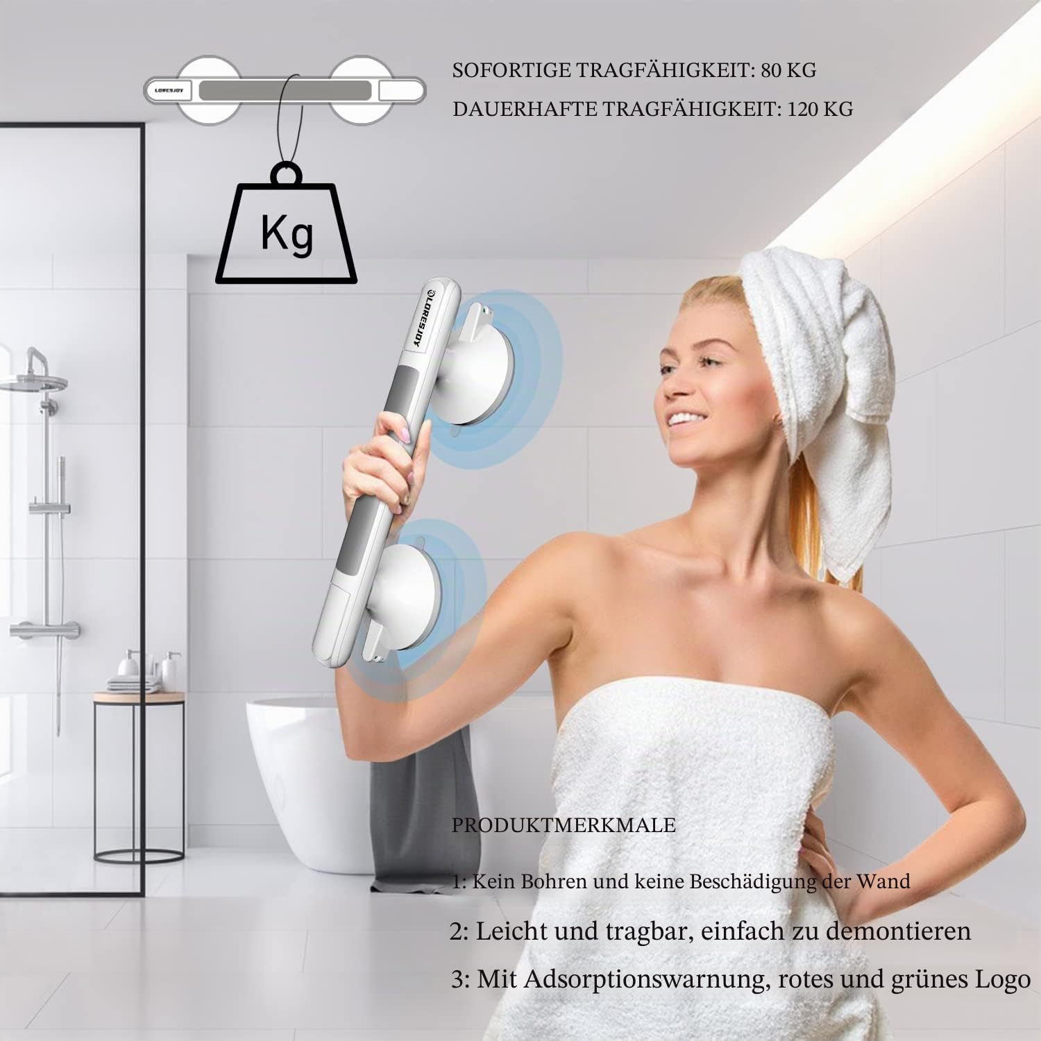 2 Stücke Haltegriff Dusche für Senioren,Haltegriffe für Bad,Haltegriff mit Saugnapf,Haltegriff Dusche Ohne Bohren,Mobiler Haltegriff,WC Haltegriff mit Saugwarnung