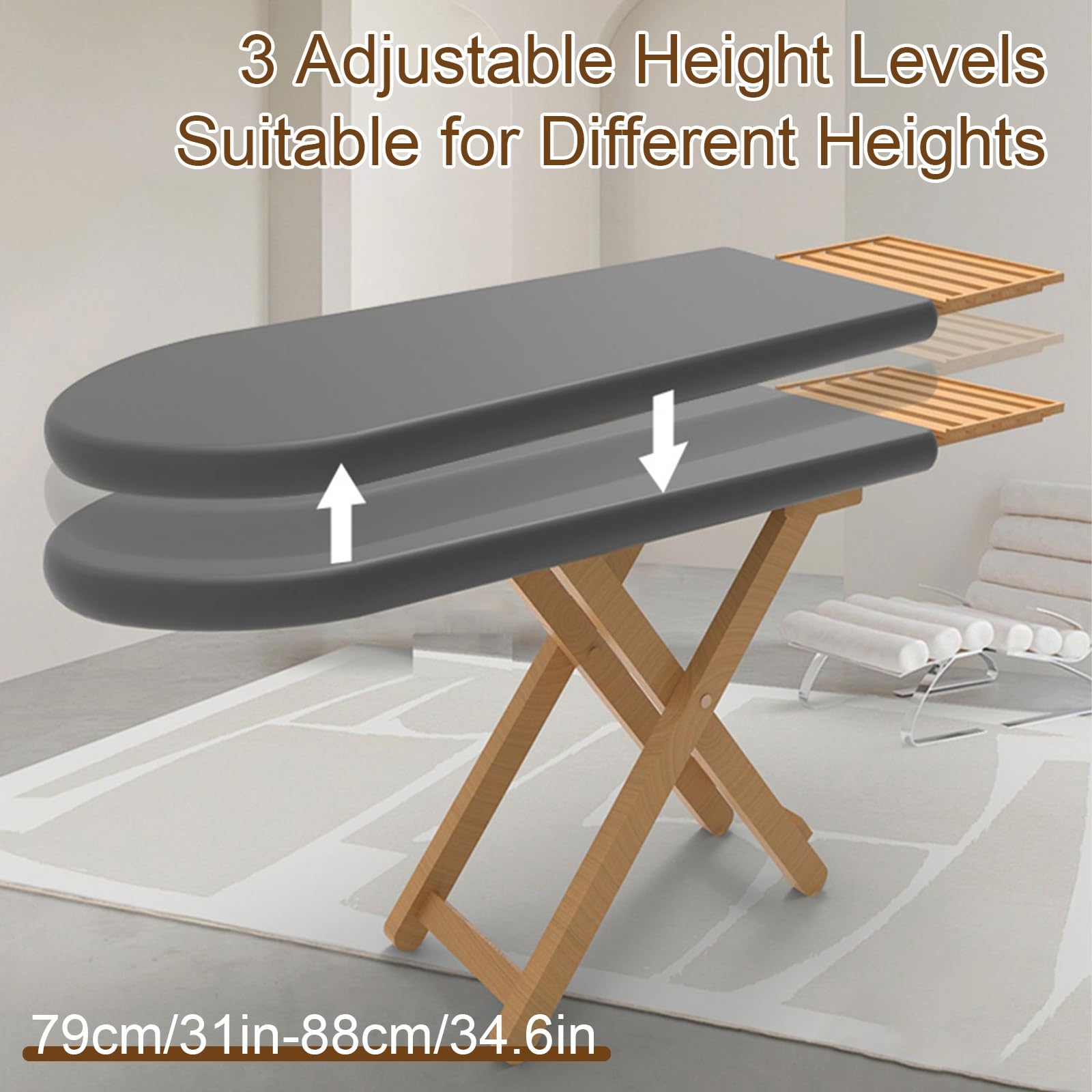 Tabla de Planchar Madera Resistente, Mesa Planchar Plegable con Soporte de Hierro para el Hogar y el Lavadero, Ajustable en 3 Alturas
