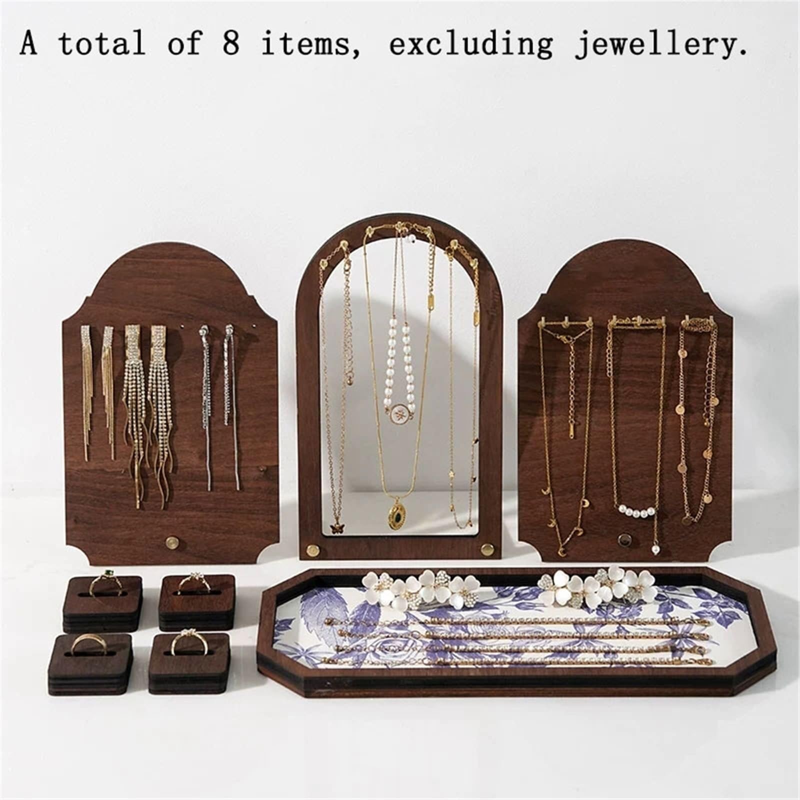 Estetyka 8 Pack Vintage Wooden Jewelry Display Stand Set