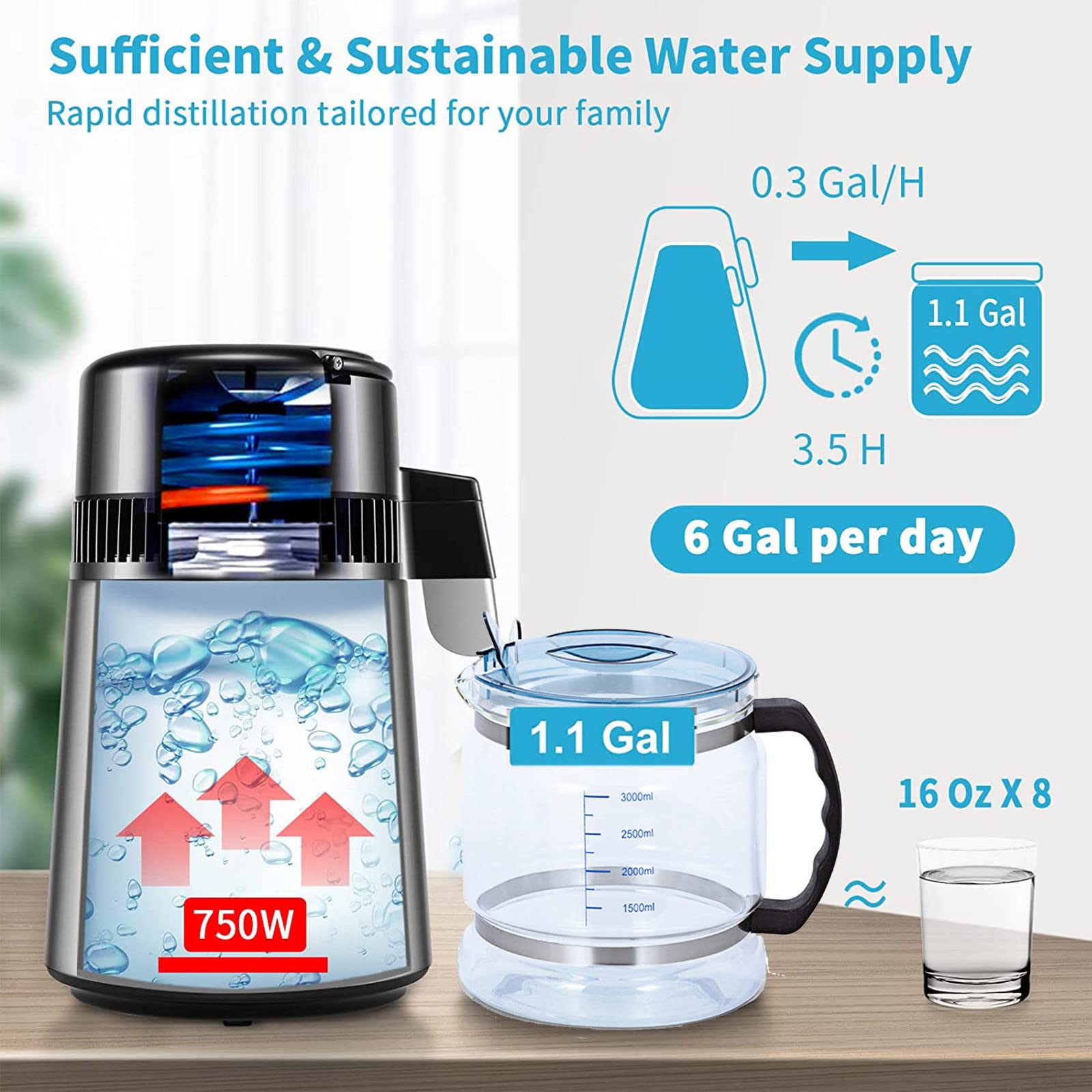 Destilador De Agua Pura, Destilador De Agua 4 L, Filtro De Agua, Acero Inoxidable, MáQuina Destilada con Recipiente de Vidrio Graduado, Visualización de Pantalla Dual,220V