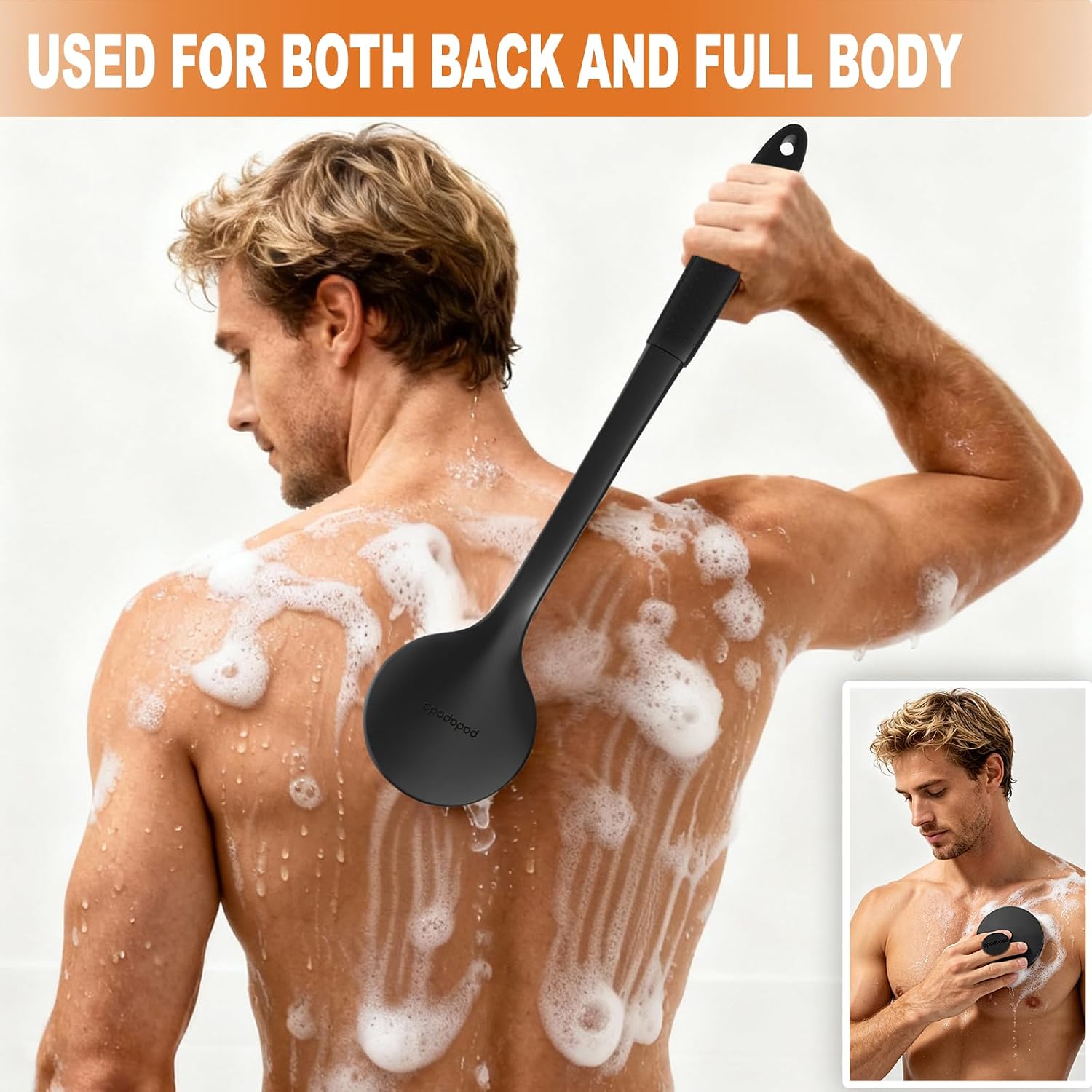 Silicone Back Scrubber for Shower with 3 Brush Heads & Handles,Black image 2