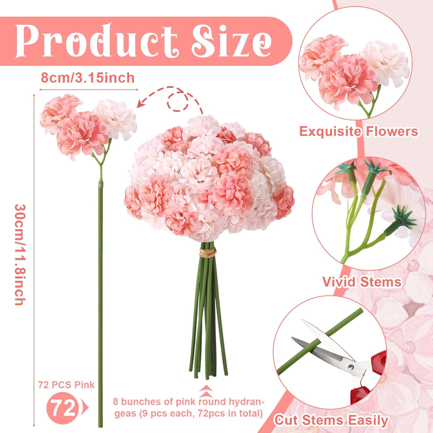 72 Pcs Pink Hydrangea Artificial Flowers, Round Floral Bouquet for Home Decor, Wedding, Party, and Seasonal Decoration, Realistic Fake Flowers for Centerpieces, Aisle, Table Arrangements - Image 2