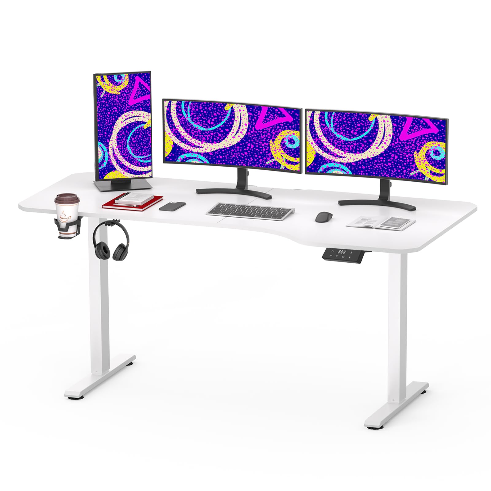 SANODESK QS Escritorio Elevable Eléctrico 160x75 cm, con Controlador de Pantalla Digital y Memoria, Gancho para Auriculares y Soporte para Bebidas, Escritorio Ergonómico para Oficina y Hogar - Blanco