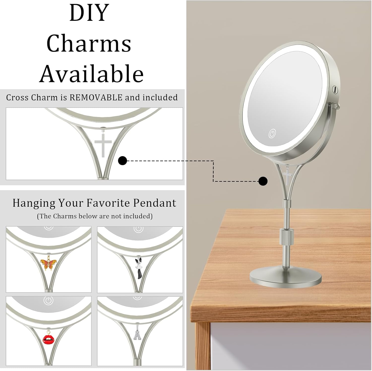 1x/10x Magnifying Mirror with 3 Color Lights and Cross Charm, 7" Lighted Makeup Mirror with Magnification, Height Adjustable Vanity Mirror, Birthday Christian Gifts for Women, Brushed Nickel