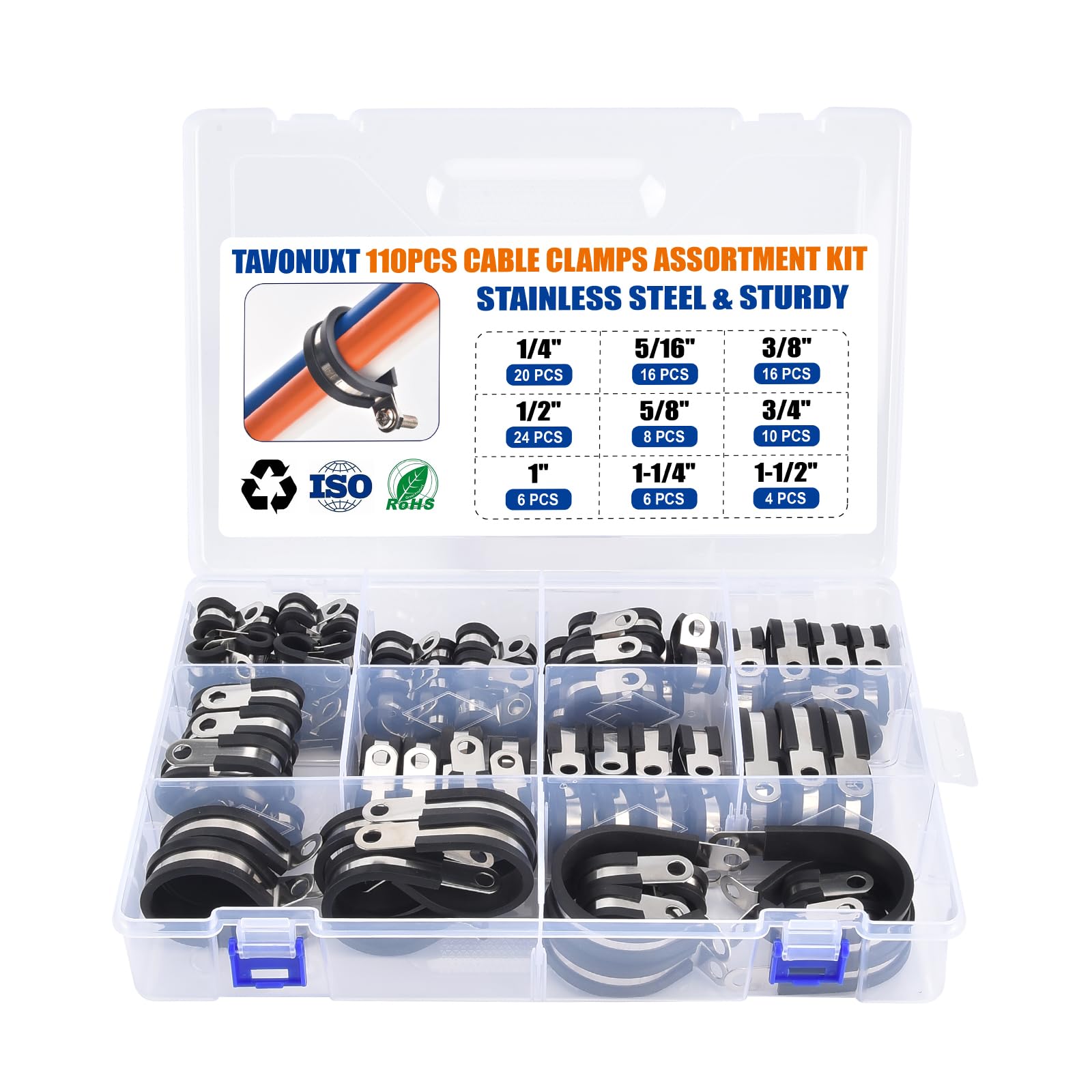 110PCS Cable Clamps Assortment Kit, 9 Sizes (1/4" to 1-1/2") Stainless Steel Rubber-Coated Cushioned Clamps, Insulated Pipe &amp; Wire Holder for Automotive, Fuel Line, Hose, Tube