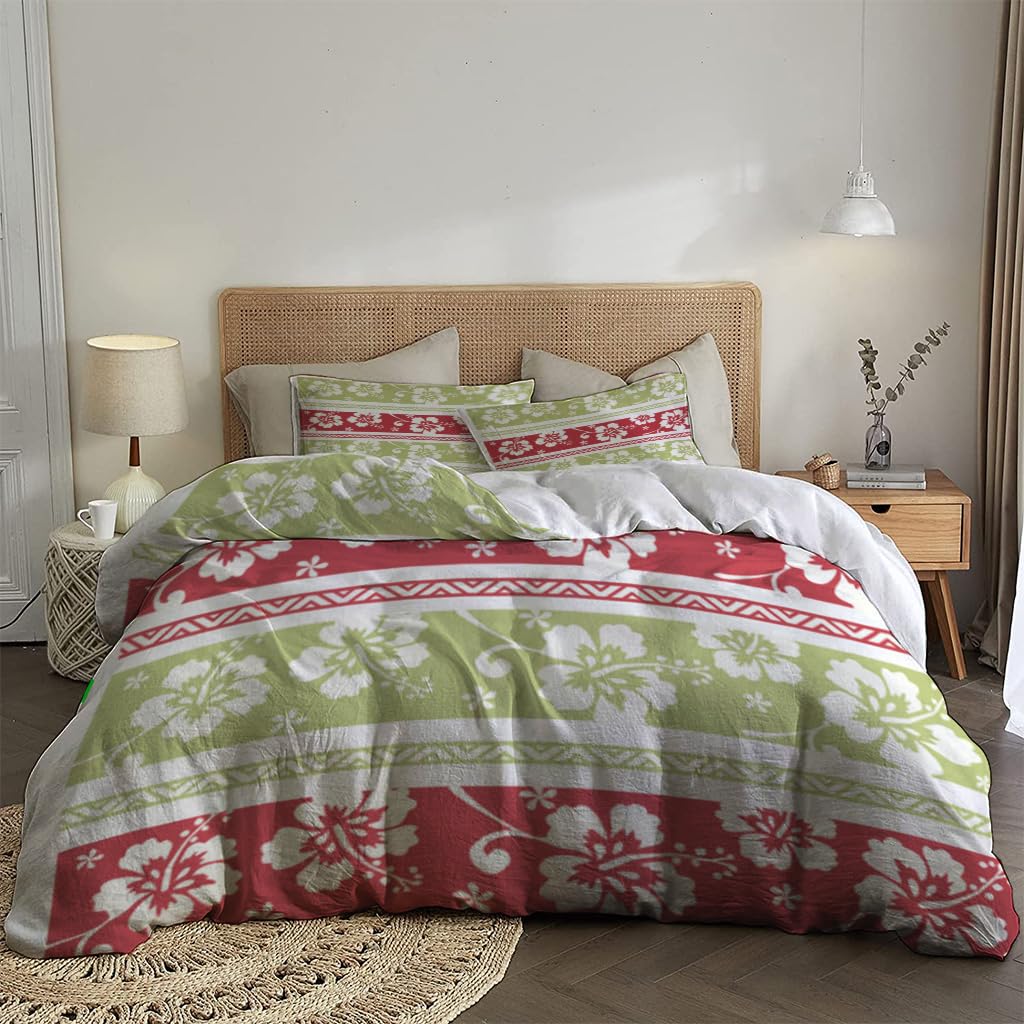NIBAINLO 布団カバーハワイアンハイビスカスの花柄グリーンレッドパターン 肌に優しい ピーチスキン加工 掛け布団カバー 和式 洋式 あったか 布団カバーセット リバーシブル ホームステイ ホテル 家庭兼用