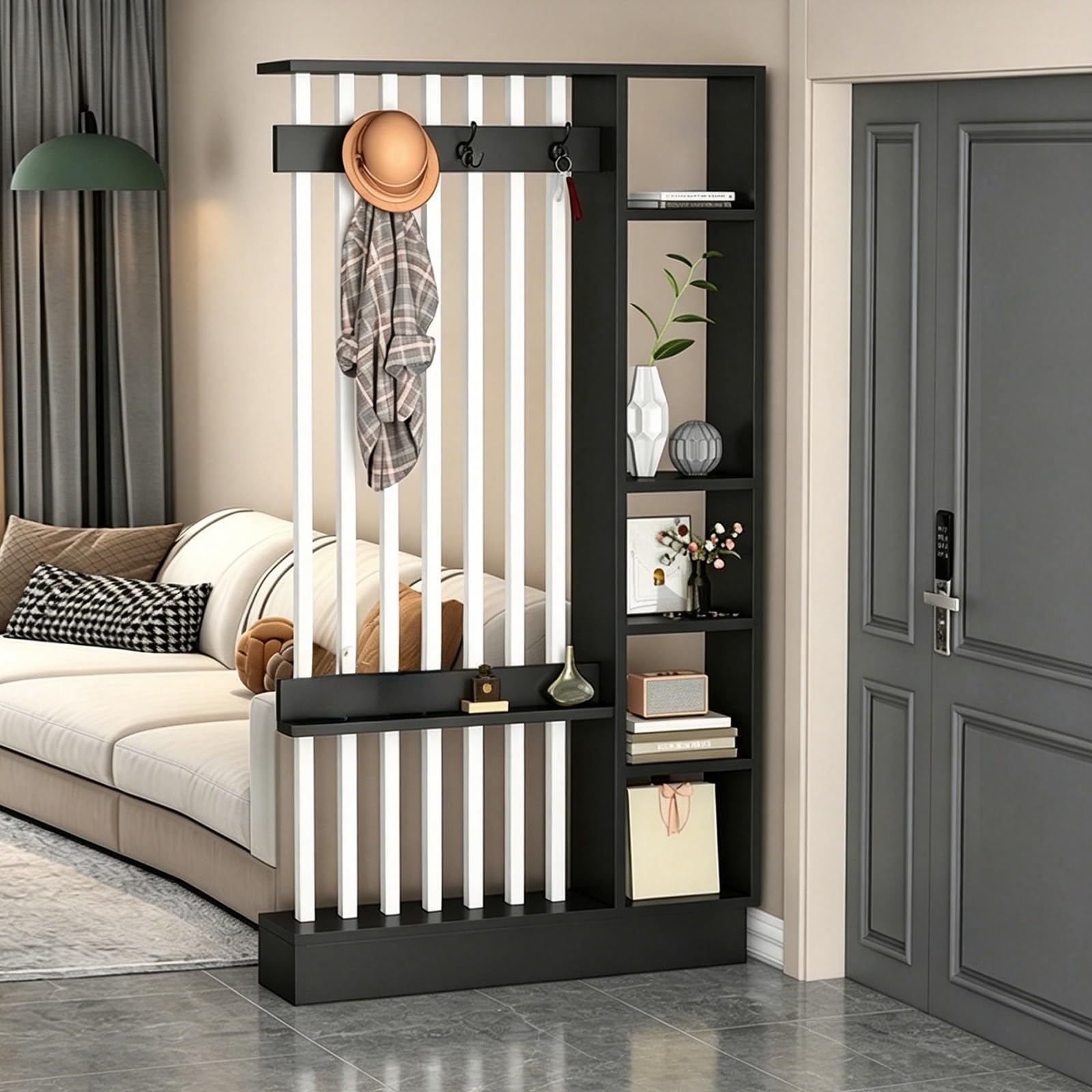 Wall Room Divider, Freestanding Slat Partition with Coat Rack & Shelves, Modern Privacy Screen for Entryway, Living Room and Hallway(Black+White,100cm/39.4in)