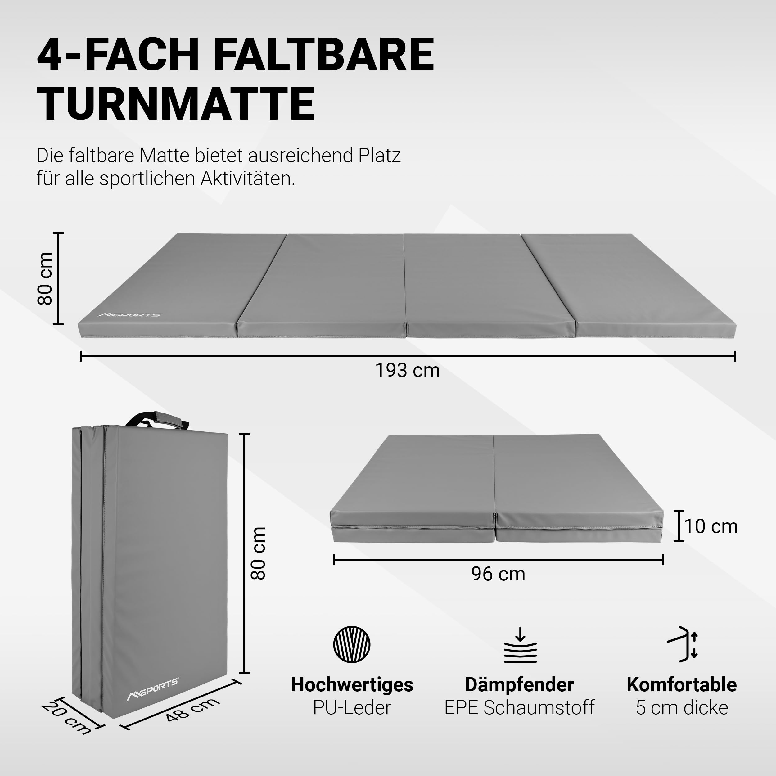 MSPORTS Turnmatte Premium klappbare Weichbodenmatte 190 x 80 x 5 cm Gymnastikmatte faltbare Sportmatte