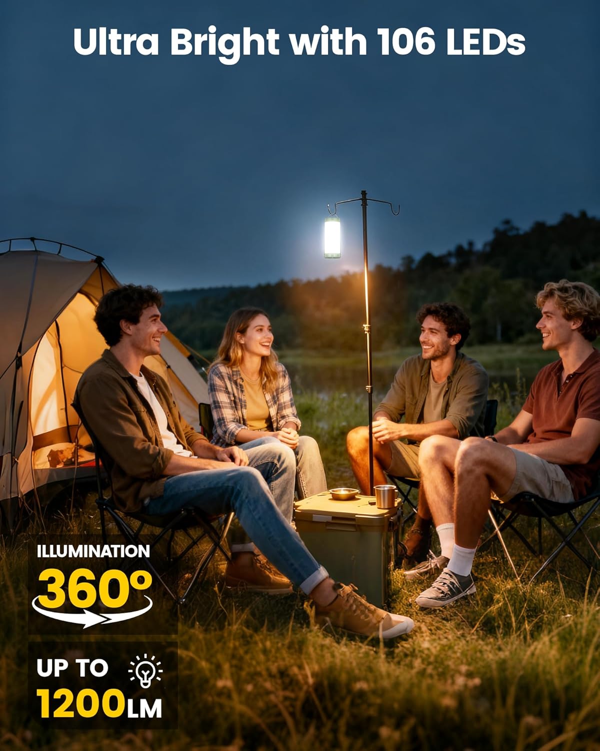 Glocusent 106 LED Camping Lights, Up to 80Hrs, 5000mAh Camping Lantern Rechargeable with 5 Brightness 3 Modes & SOS, IP68 Waterproof, Max 1200LM, Lanterns for Power Outages Hiking Emergency Hurricane - Image 2