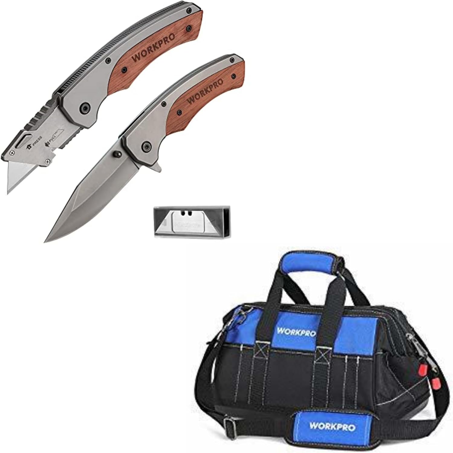 WORKPRO 16-inch Wide Mouth Tool Bag & WORKPRO Folding Utility Knife & EDC Pocket Knife