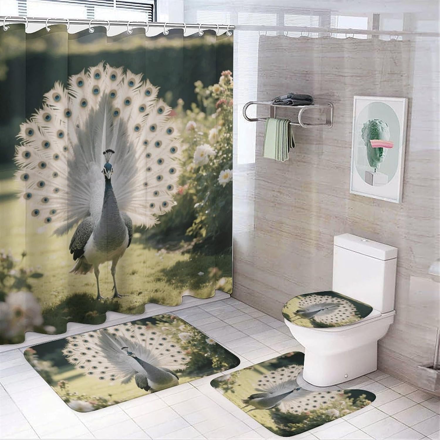 Gray and White Peacock Shower Curtain Set 4 Piece, Non-Slip Bath Mat with Toilet Lid Cover and Waterproof Shower Curtain with 12 Hooks, Complete Bathroom Set for Home Decor