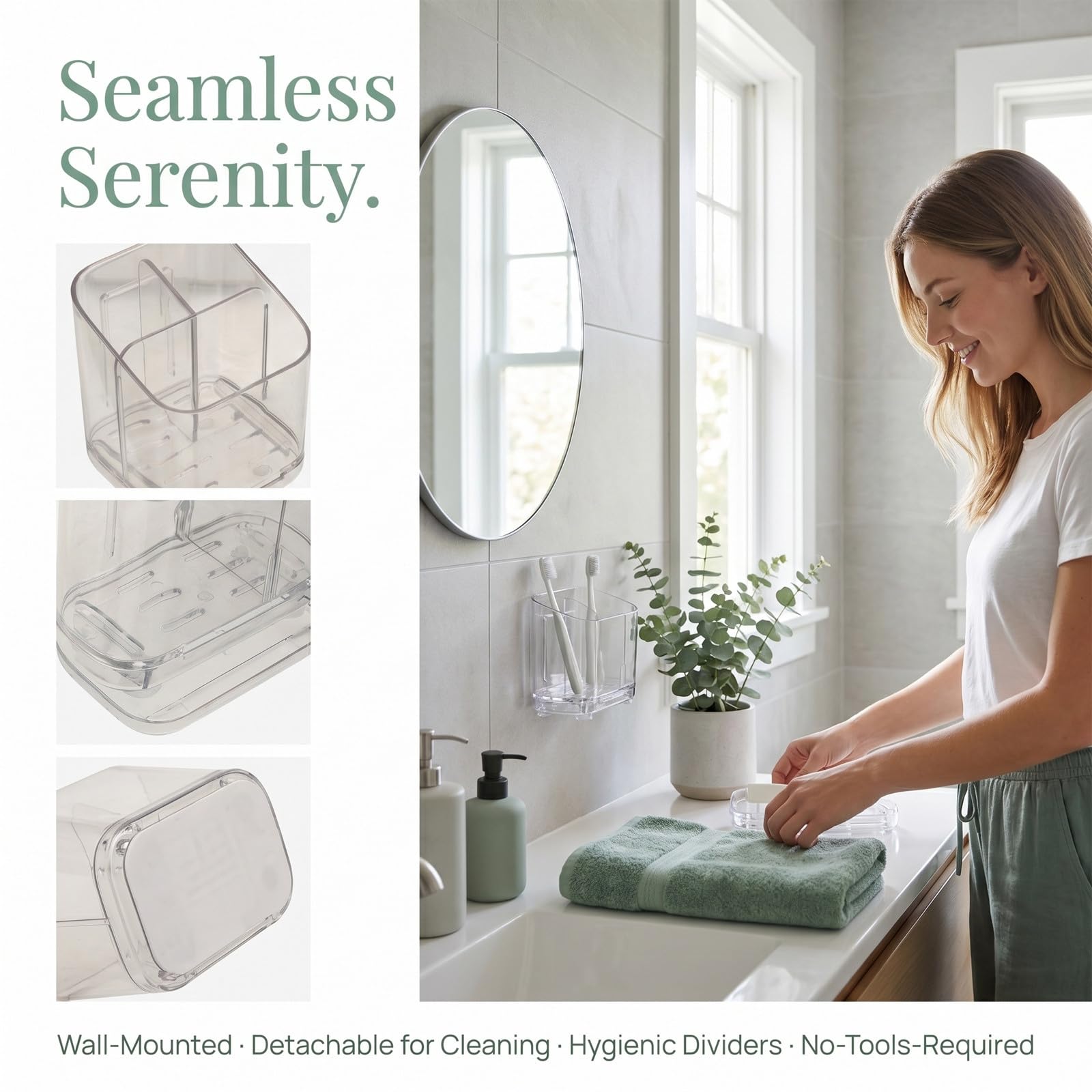Luxshiny Soporte para cepillos de Dientes de Ducha (3 Unidades): Organizador de Pasta de Dientes de Pared con Divisor extraíble y Caja Inferior de plástico Transparente Desmontable para Recoger el