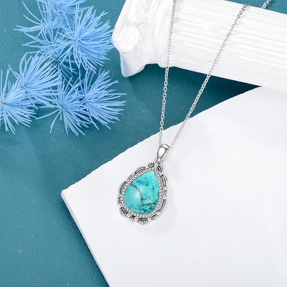 Natural Turquoise Necklace 925 Sterling Silver Genuine Gemstone Turquoise Bohemian Western Pendant Jewelry Gifts for Women