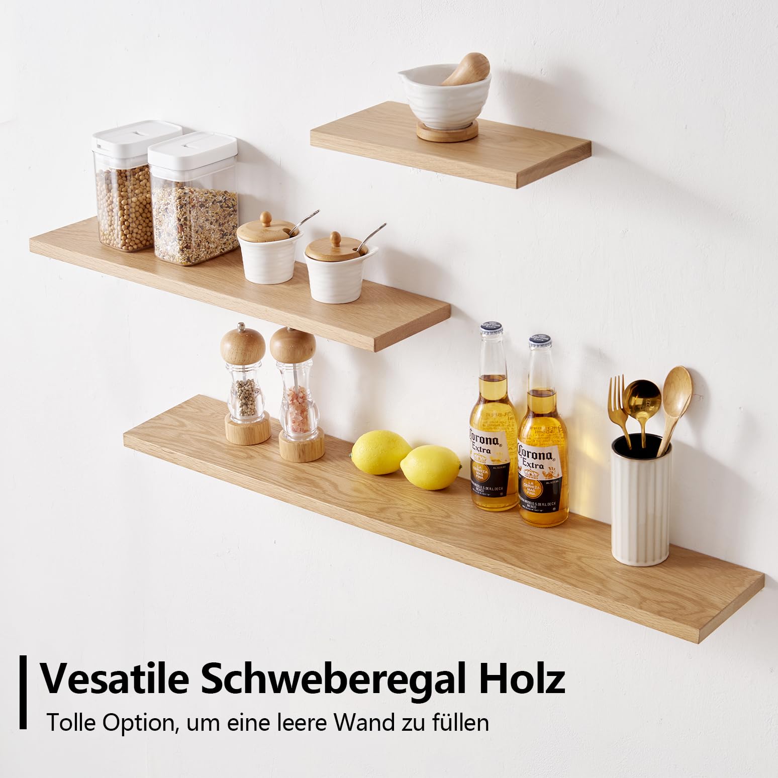 Gieanoo Drijvende planken, 90 cm massief eiken planken set van 3 rustieke wandplanken wandmontage foto rand met lip voor woonkamer, keuken, slaapkamer 90x10/12/15cm