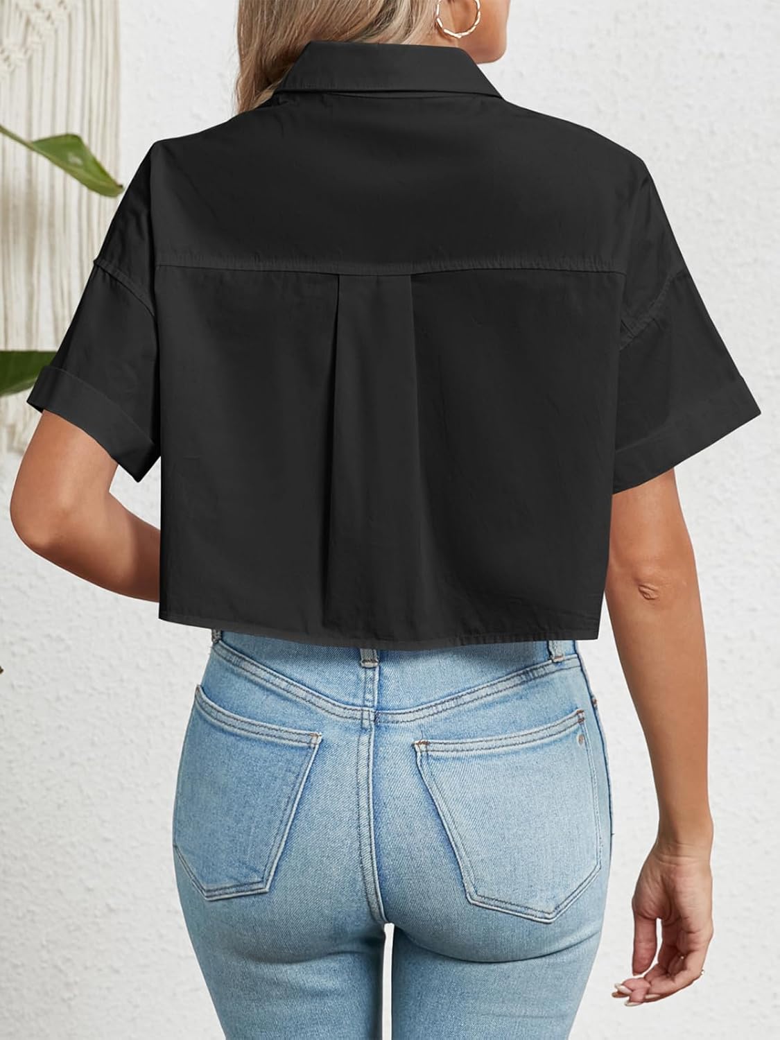 Tankaneo Womens Button Down Shirts Cropped Short Sleeve Casual Crop Tops Blouses with Pockets - Image 3