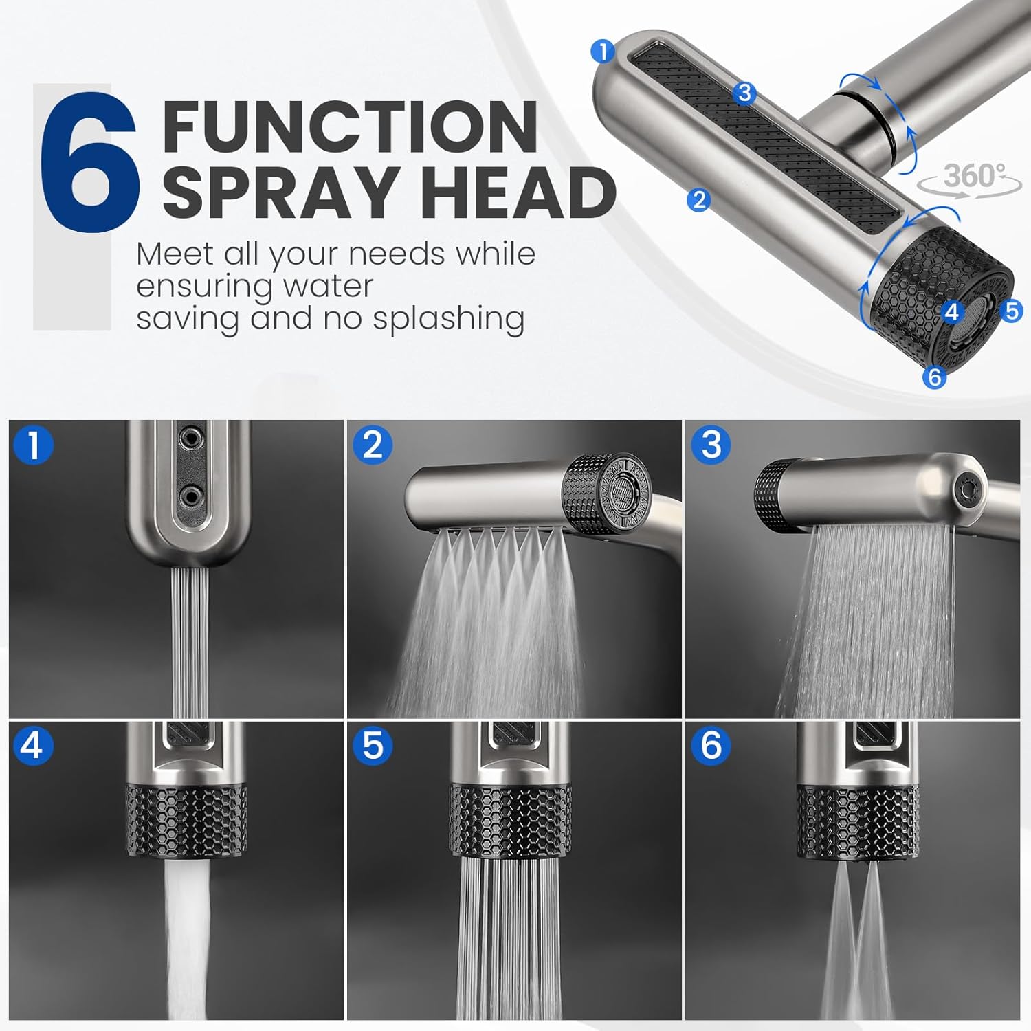 Brushed Nickel Bathroom Faucet with Pull Down Sprayer, 6 Water Mode, Single Handle, 1 or 3 Hole Bathroom Sink Faucet with Pop Up Drain for RV Bar Laundry Vanity