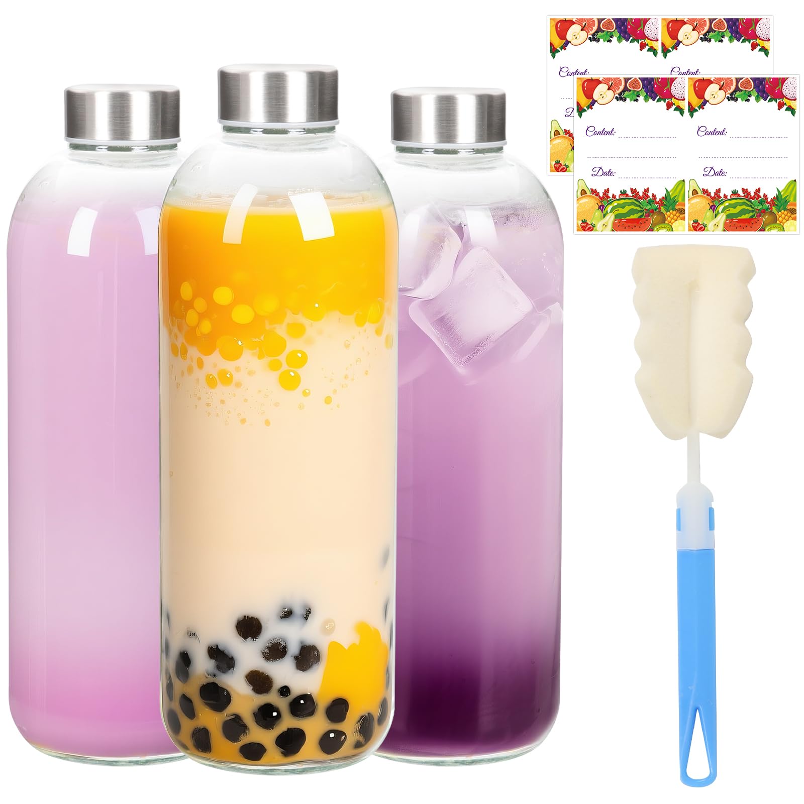 EkkoVla 1000ml Glass Water Bottles with Stainless Steel Lids, 3 Pack โ Airtight Leakproof Drinking Containers for Water, Milk, Smoothie & Hot/Cold Drinks โ image 1