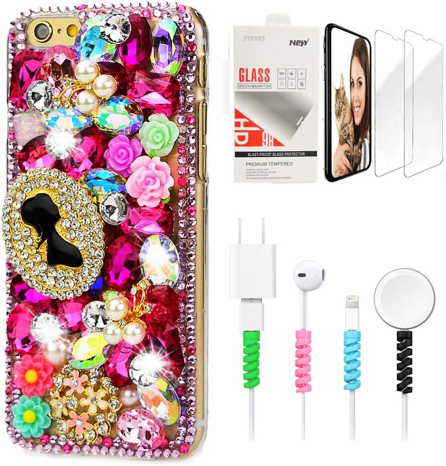 STENES Sparkle Case Compatible with Moto G7 / Moto G7 Plus - Stylish - 3D Handmade Bling Red High Heel Snow Rose Flowers Design Cover with Screen Protector & Cable Protector - Colorful