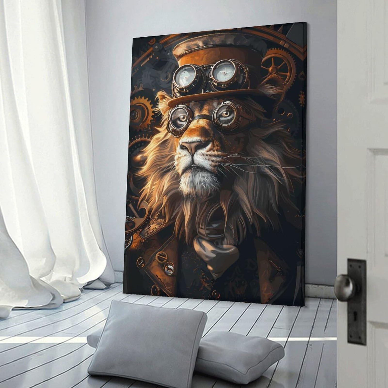 Junmoney Canvas Wall Decor Steampunk Lion Animal, 24x36inch(60x90cm), for Flats, Guest Rooms Or Compact Rooms, A Simple Refresh for Blank Walls