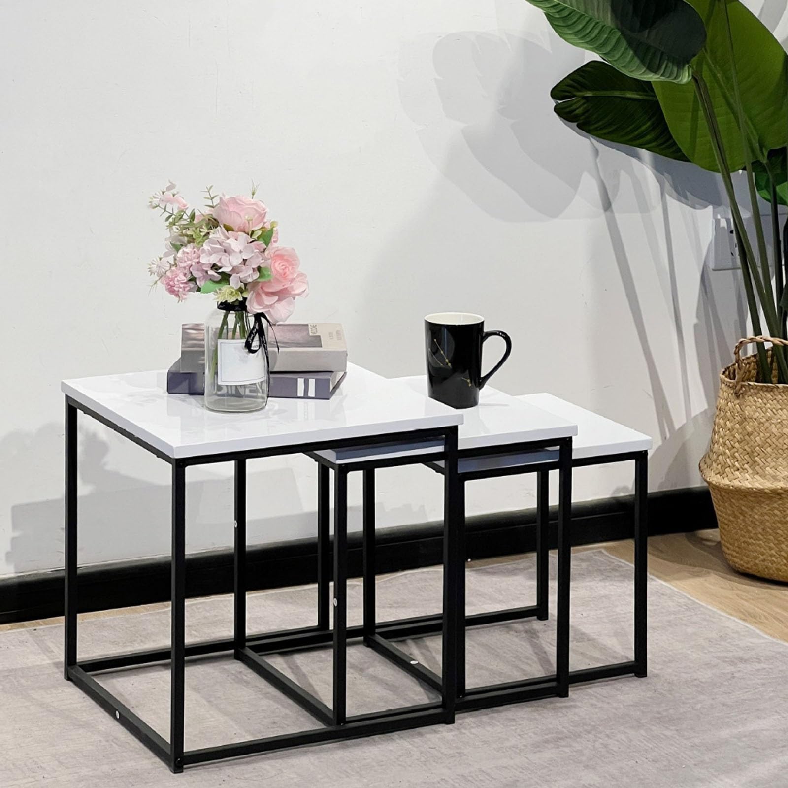 SXZenSpace Nest Of End Table, Nesting Coffee Table Set, Square Couch Accent Side Living Room Bedroom Furniture Sofa Storage