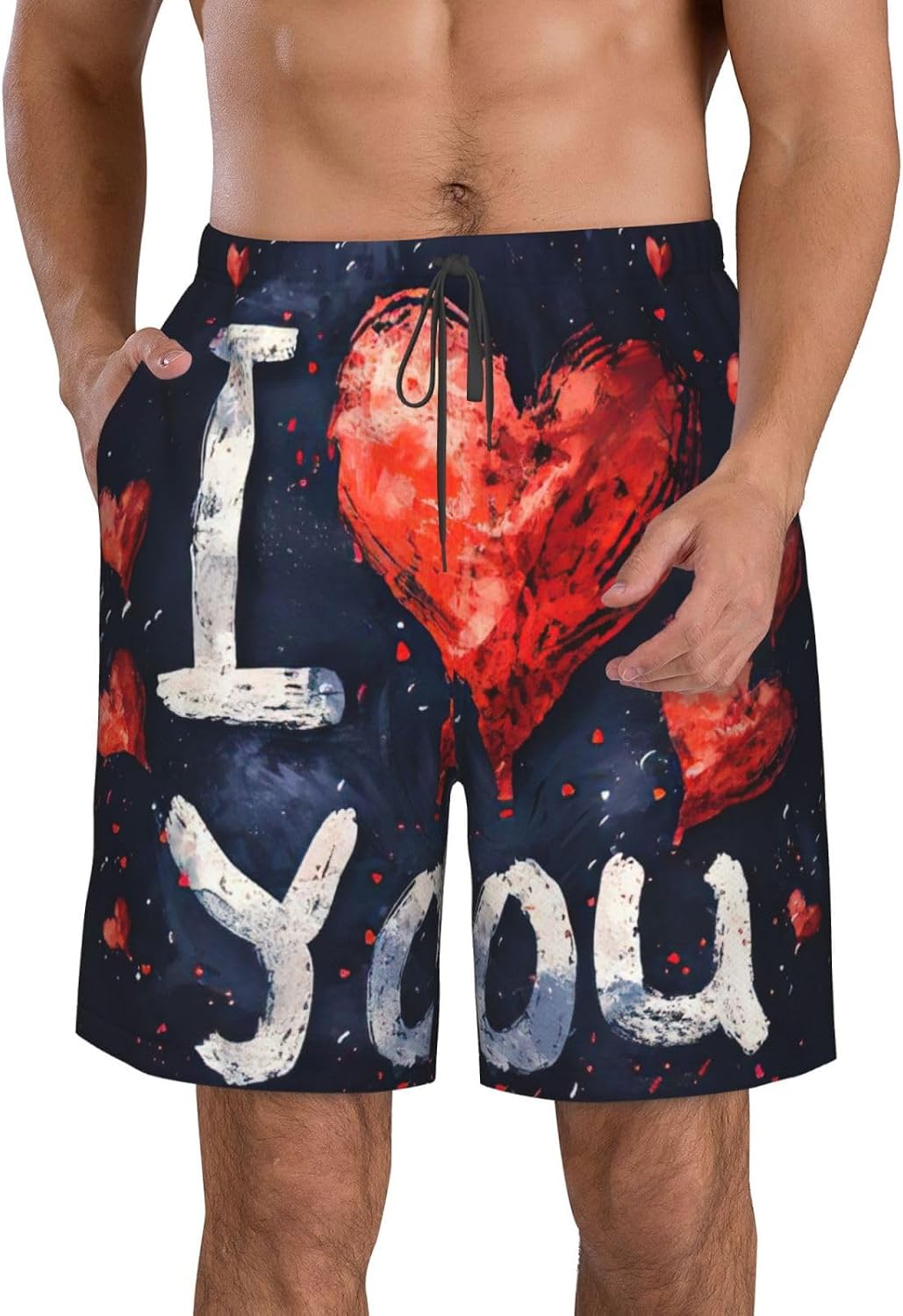 I Love You Words with Hearts Print Men's Swim Trunks Quick Dry Beach Shorts with Pockets Lining Swimwear Bathing Shorts