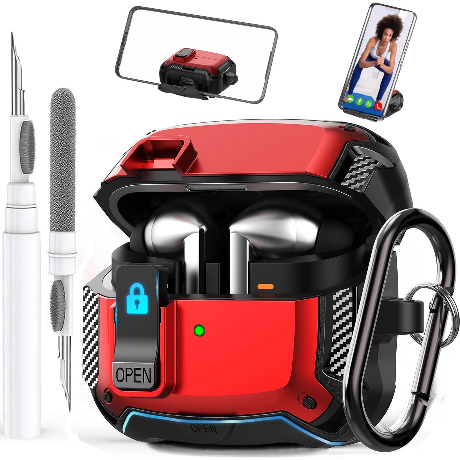 Galaxy Buds 3 Pro/3/3 FE Case Cover with Phone Stand&Lock Clip, Shockproof Samsung Galaxy Buds 3 FE/3/3 Pro Protective Hard Cover Shell with Carabiner