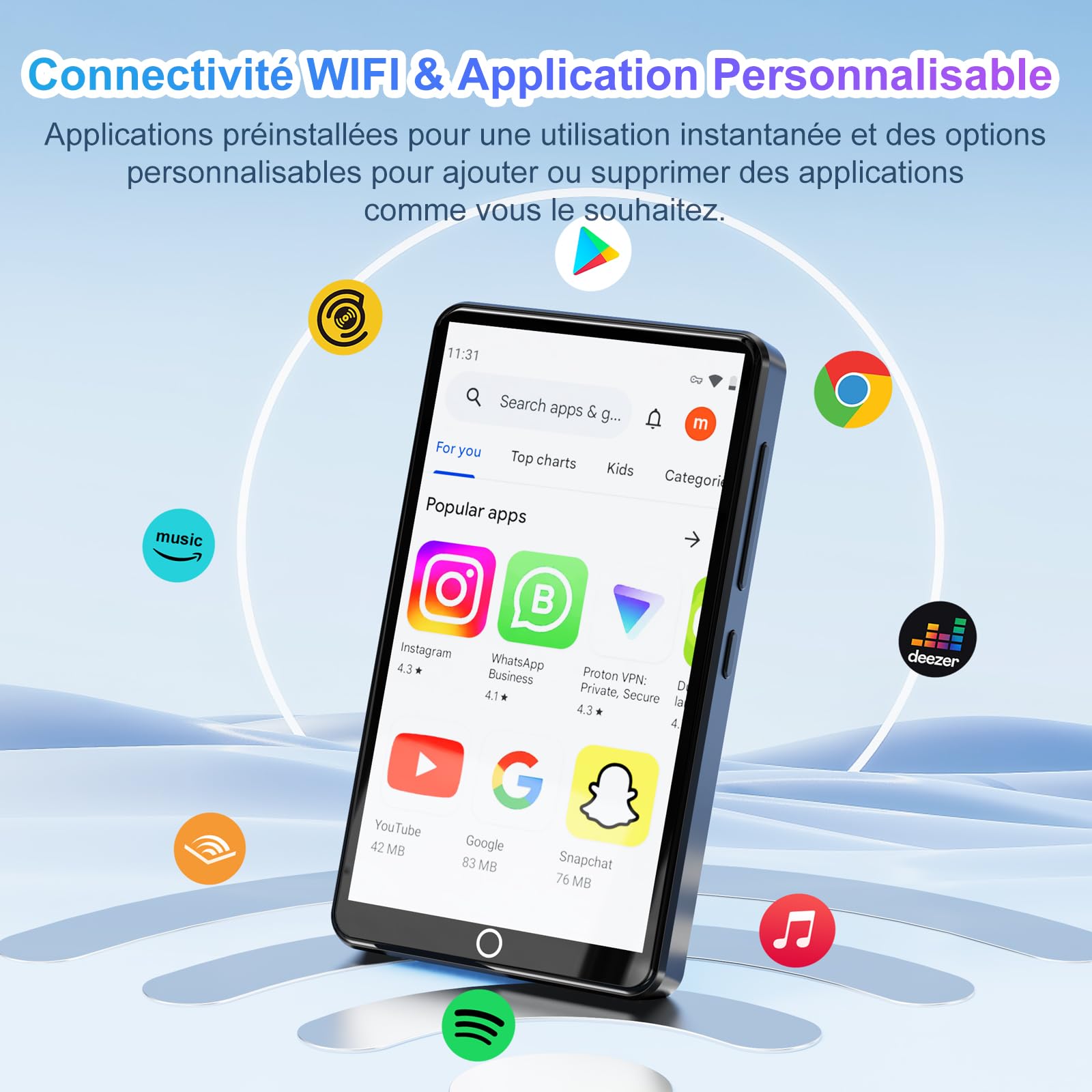 joliker 80Go Lecteur MP3 avec Bluetooth et WiFi, MP3 Player avec 13 MP Caméra Arrière, Lecteur de Musique Mp3 et Mp4 ave Spotify, Audible, Deezer, Lecteur Vidéo à écran Tactile 4.02 Pouces 1080P