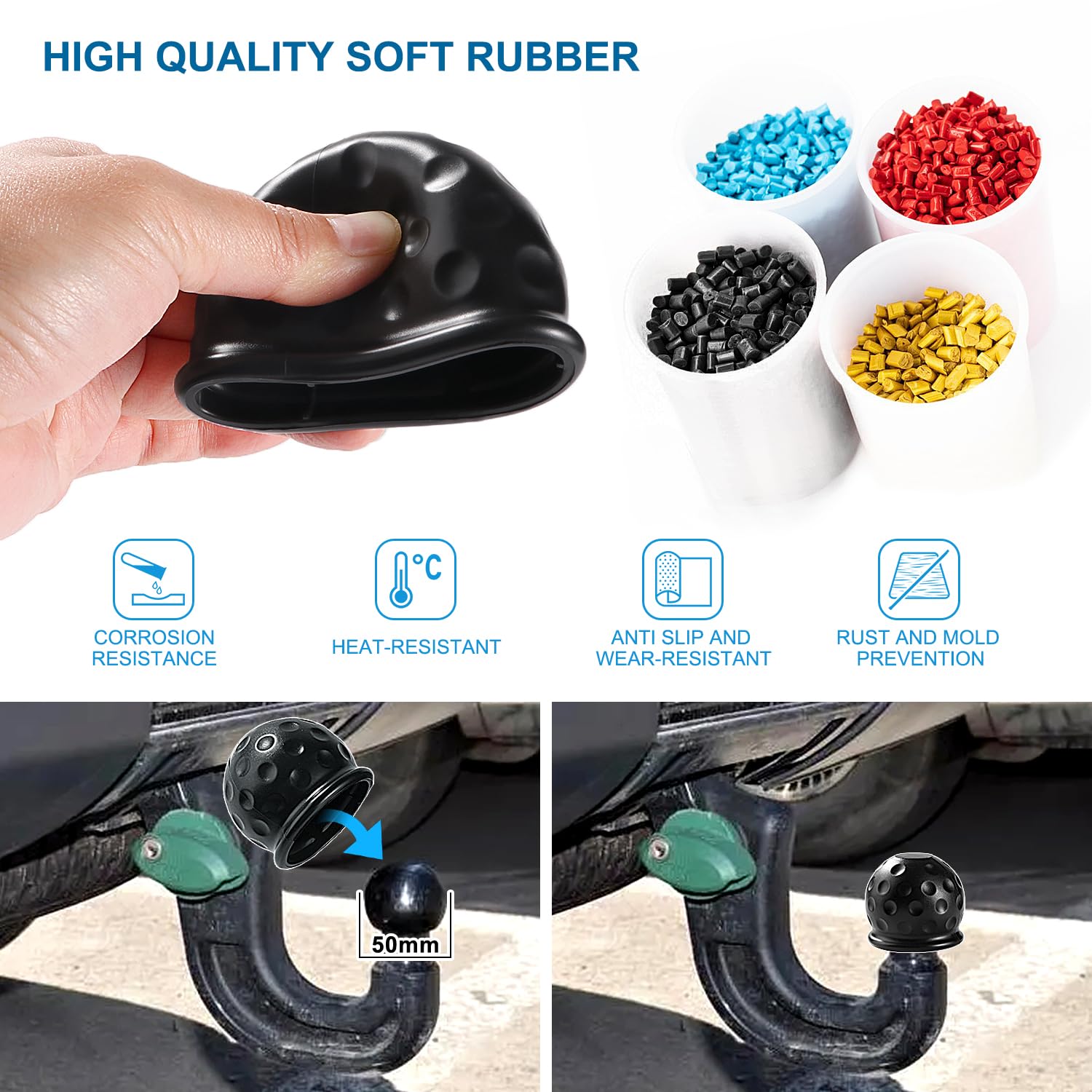 VooGenzek - Lot De 4 Capuchons De Protection En Caoutchouc Pour Boule D'Attelage 50 Mm - Anti-Rouille, Poussière & Humidité - Pour Remorque, Voiture, Camion