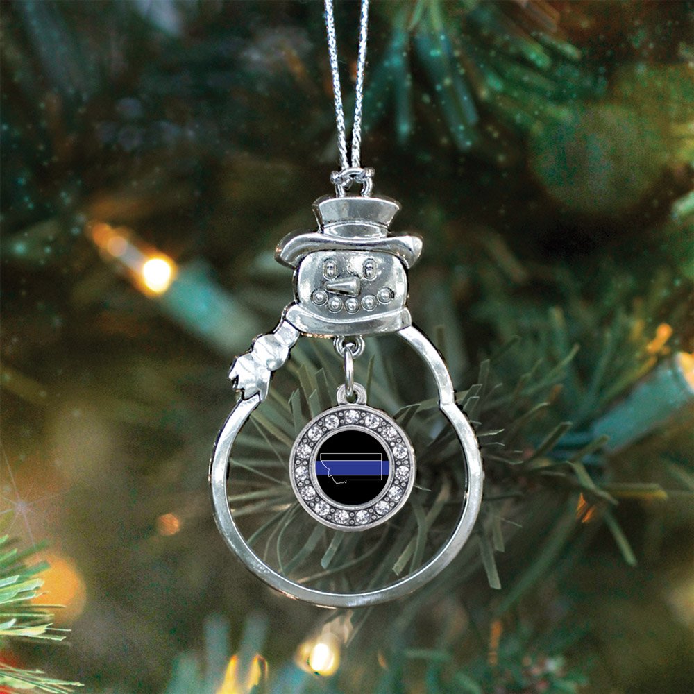 Inspired Silver - Montana Thin Blue Line - Silver Christmas Ornament - Circle Charm Christmas Tree Ornament with Cubic Zirconia - Snowman Hanging Decoration