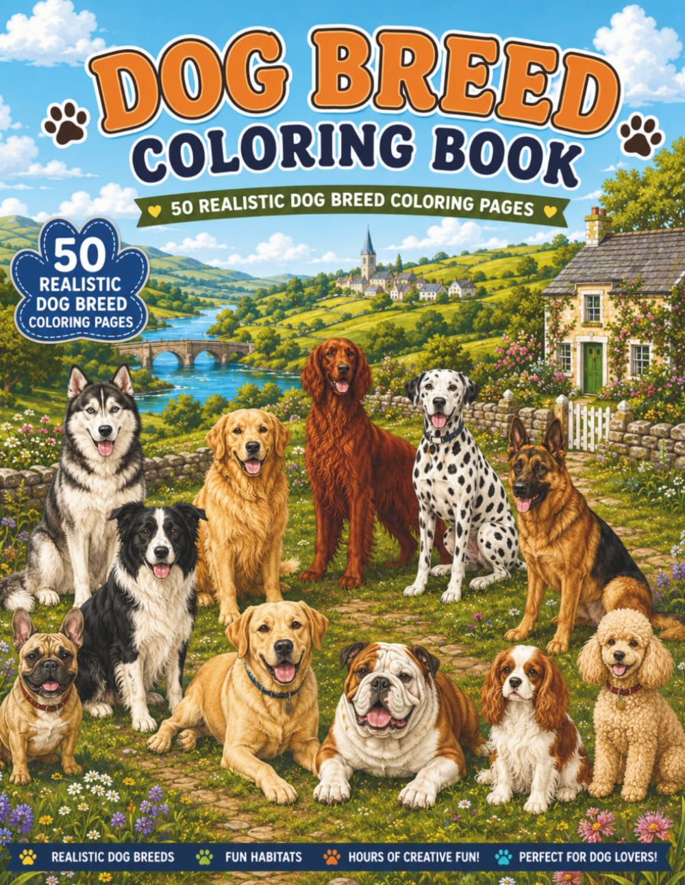 Dog Breeds Coloring Book: Learn 50 Real Dog Breeds with Names and Fun Facts