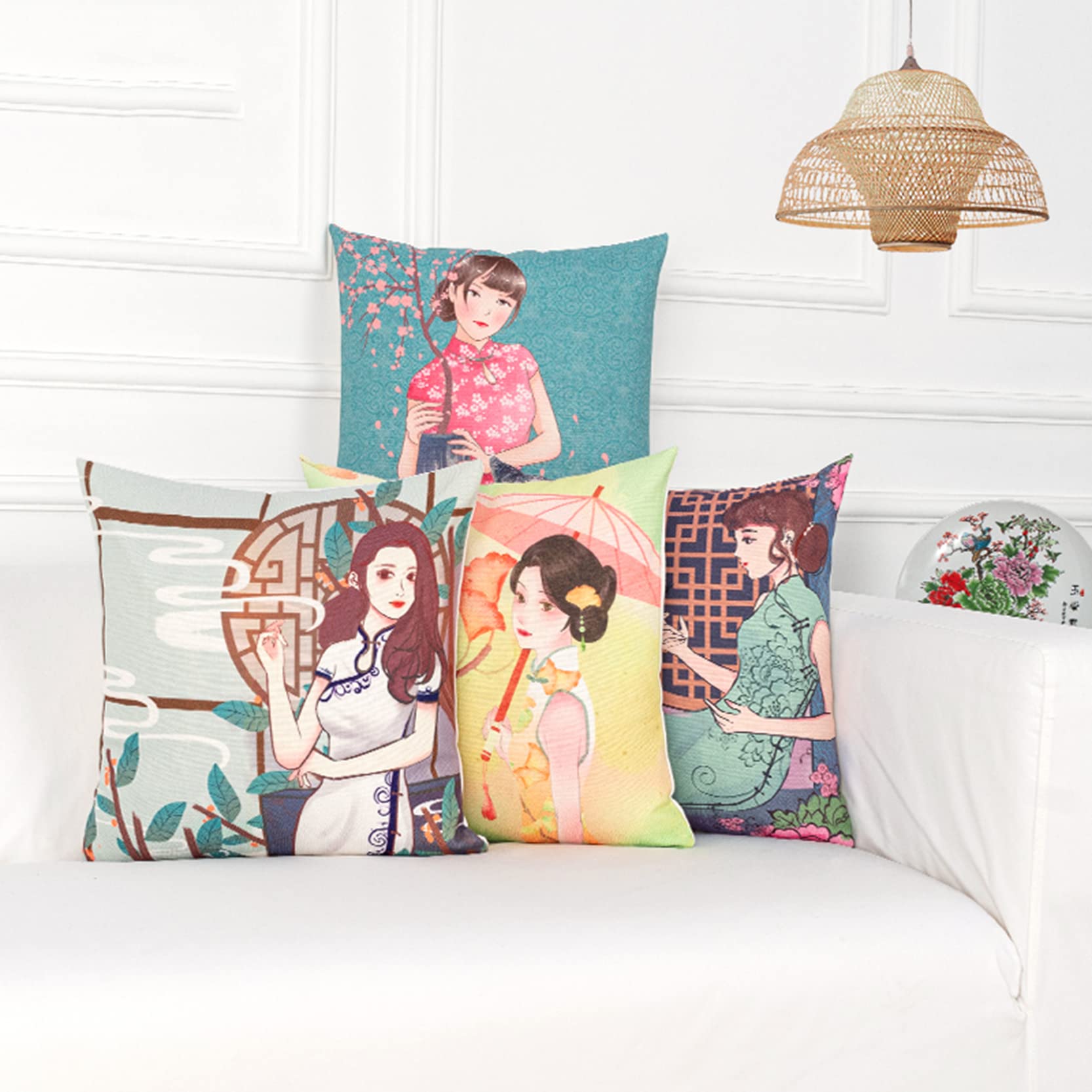 Funda de Almohada Decorativa Seda Estilo Chino, Funda cojín Yunnan Dai, 2 Piezas, Fundas Decorativas cuadradas Lino y algodón, decoración rústico(F)