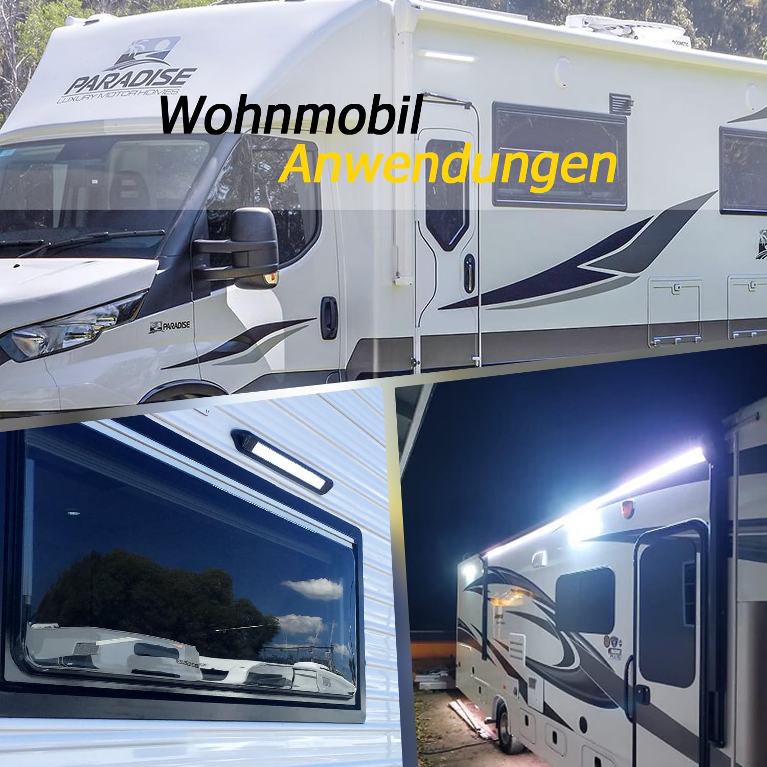 D-lite Wohnwagen Beleuchtung Außen, Vorzeltleuchte LED, 12V, 12W, Kaltweiß Licht 6000K, 800LM, IP66, 55CM LED Lichtleiste, Schwarz Aluminium, für Außenbereich, Wohnmobil, Camper, Caravan