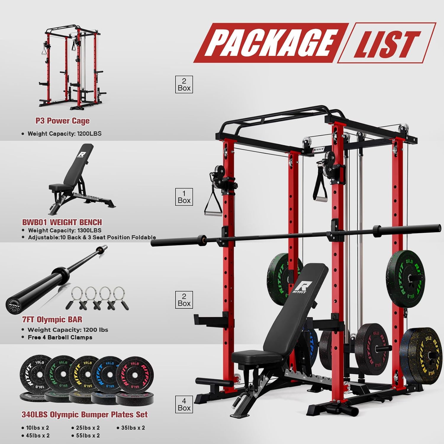 RitFit Multi-Function Garage & Home Gym Package Includes 1200LBS Power Cage PPC03/P3 with Cable Crossover System, Weight Bench, Olympic Barbell Weight Set, Full Body Workout