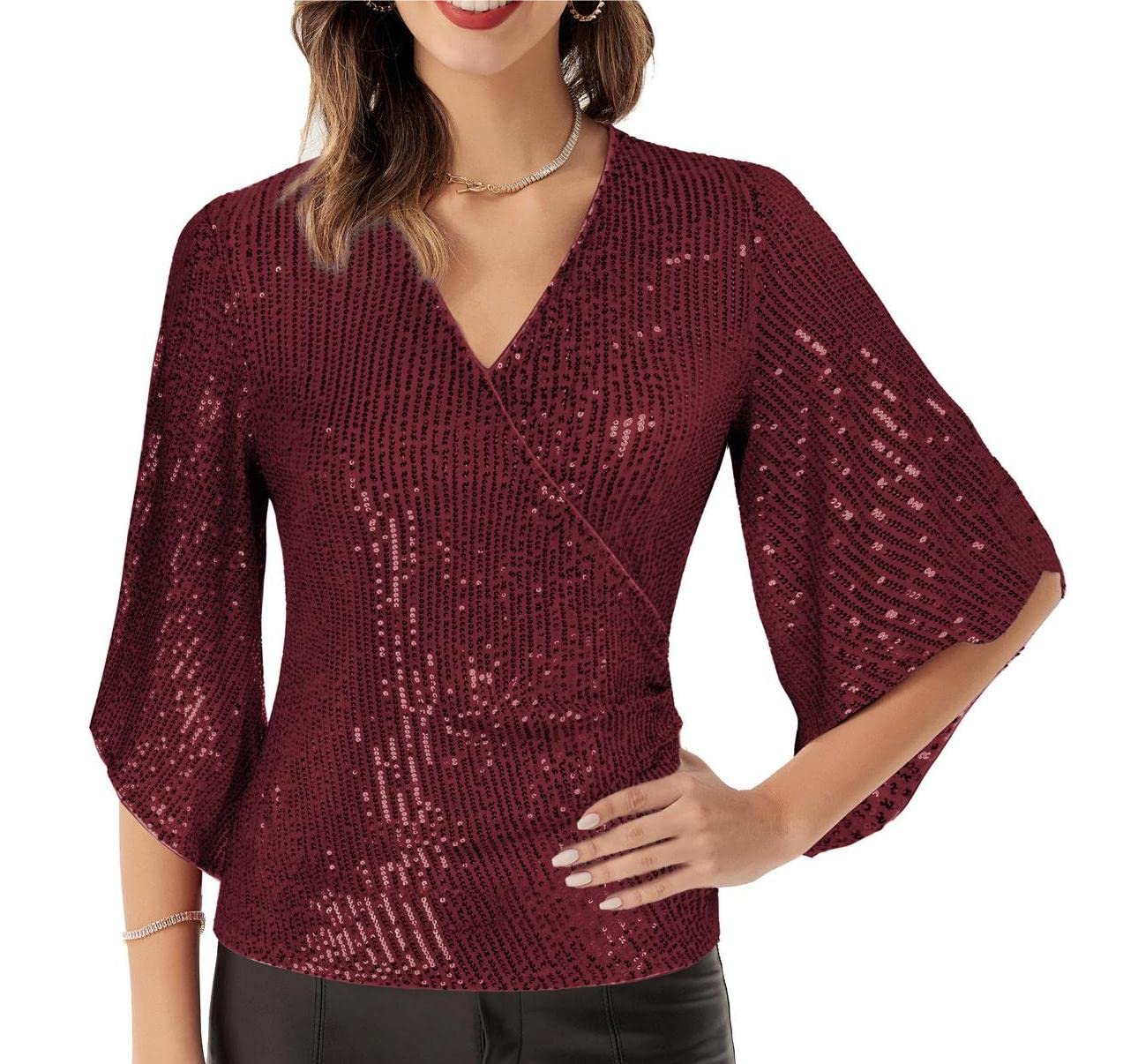 GRACE KARIN Damestop met korte fladdermouwen, V-hals, ruches, ongedwongen, zomerblouses, vintage top, Donkerblauw, XL