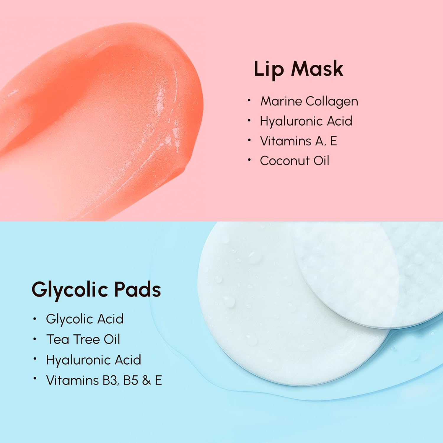 MAREE Bundle - Lip Mask & Glycolic Peel Pads - Hyaluronic Acid & Coconut Oil - Salicylic Acid & Vitamins E, B3, B - Nourish & Hydrate Dry Cracked Lips - Face Pads with Cleaning Effect