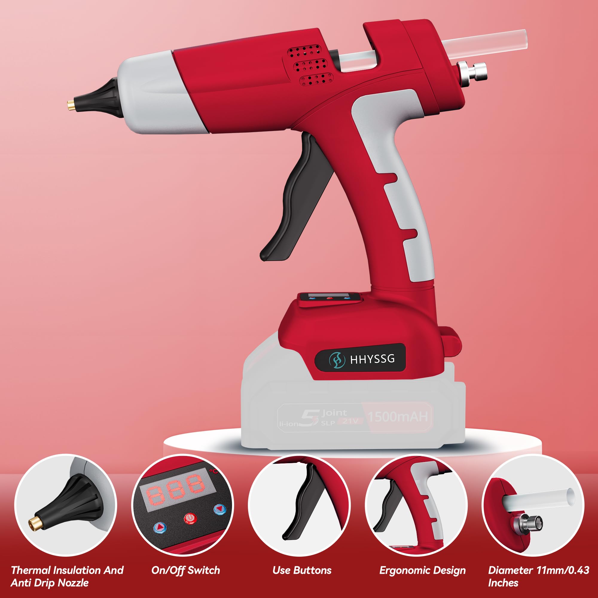 Pistola per colla a caldo senza fili da 100 W, compatibile con batteria Milwaukee da 18 V, temperatura digitale aggiornata, 30 bastoncini di colla da 1,1 cm, preriscaldamento rapido per progetti