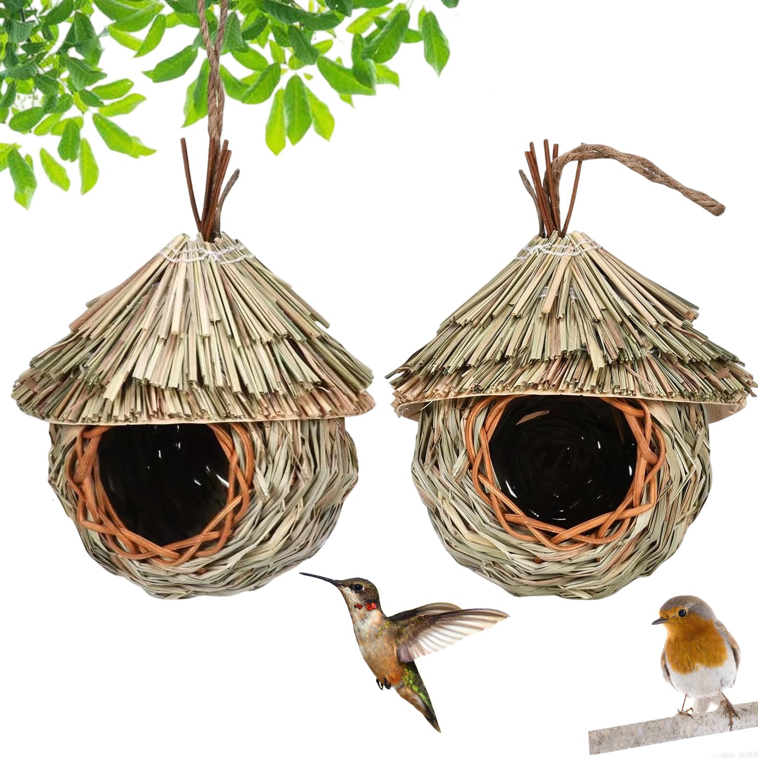 2 Stück Nistkästen, Vogelnest, Handgewebte Vogelhäuser, Vogelhäus zum Aufhängen, Gras Bird Nest für Wellensittich Meise, Hummingbird, Amsel, Kanarienvogel, Rotkehlchen und Zaunkönig