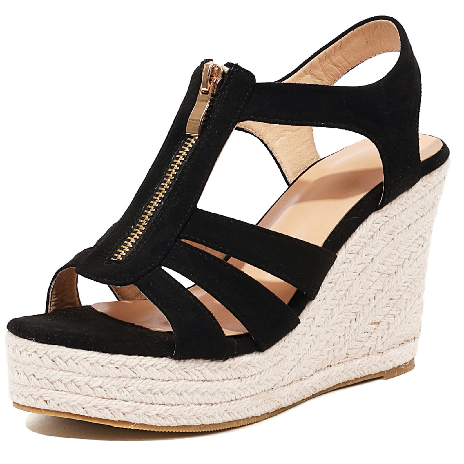 GERULATAFront Zipper Espadrilles Wedge Platform Sandals for Women Suede Open Toe High Heel Sandals