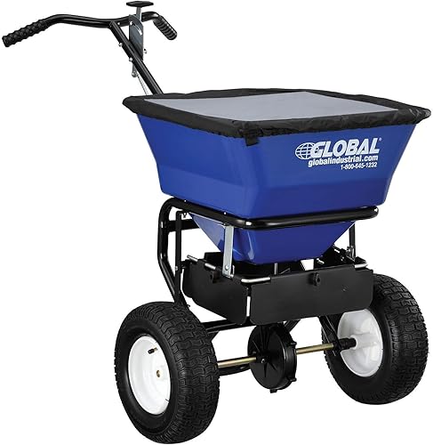 Global Industrial Esparcidor universal Walk-Behind, capacidad de 100 libras, neumáticos de 13 pulgadas de diámetro, esparcidor de transmisión para