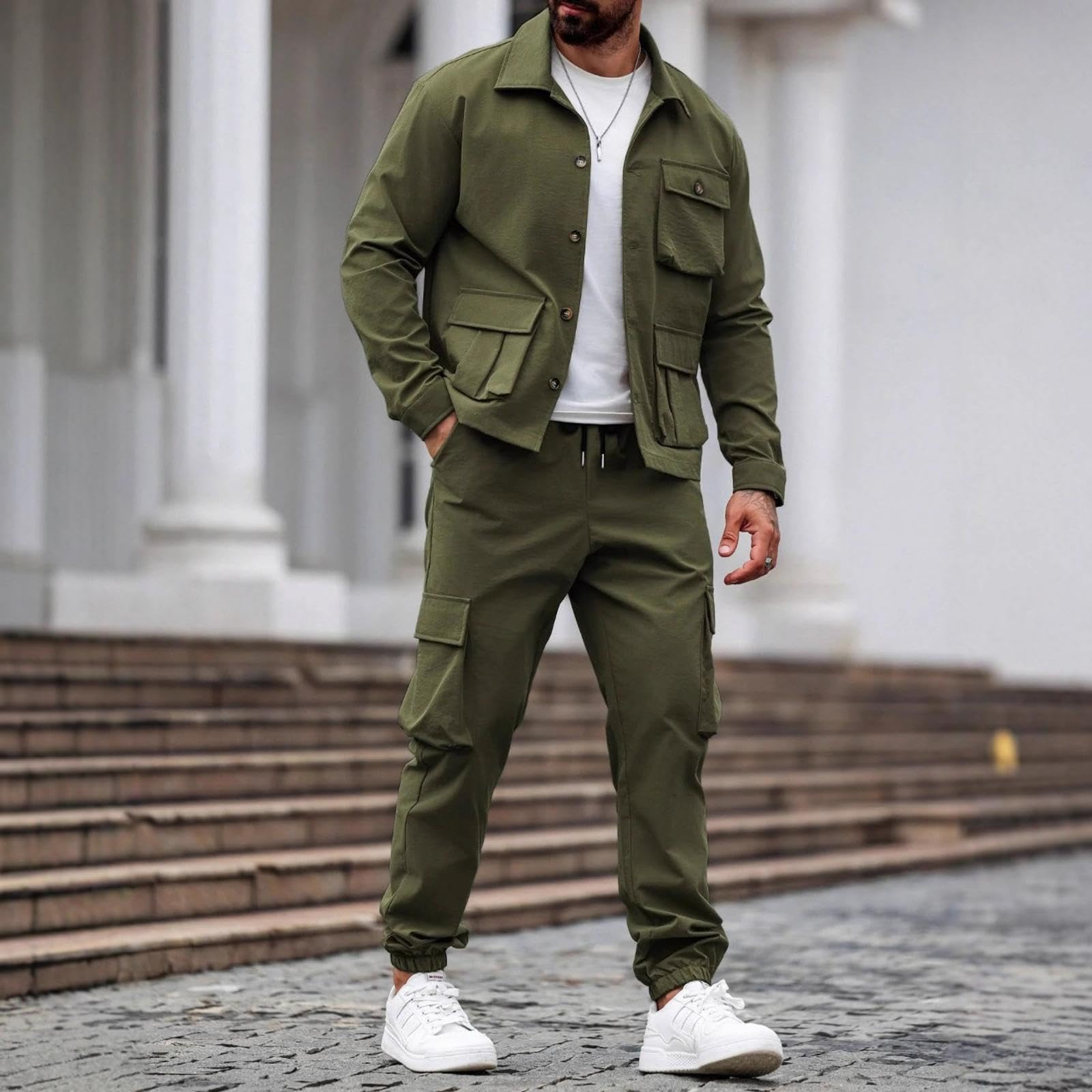 Conjunto De Cargo Retro Americano para Hombre con Múltiples Bolsillos, Chaqueta De Un Solo Botón y Pantalones De 2 Piezas