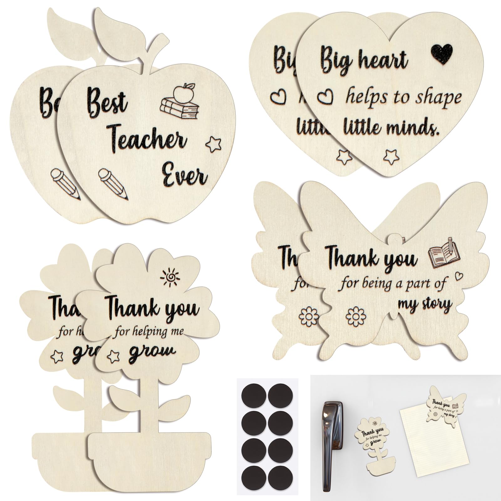 HONMOK 8 Pcs Best Teacher Wooden Fridge Magnets, Heart, Flower, Apple, Butterfly Styles, Thank You Teacher Gifts for Women Men, Pre School Nursery Grad Leaving Presents