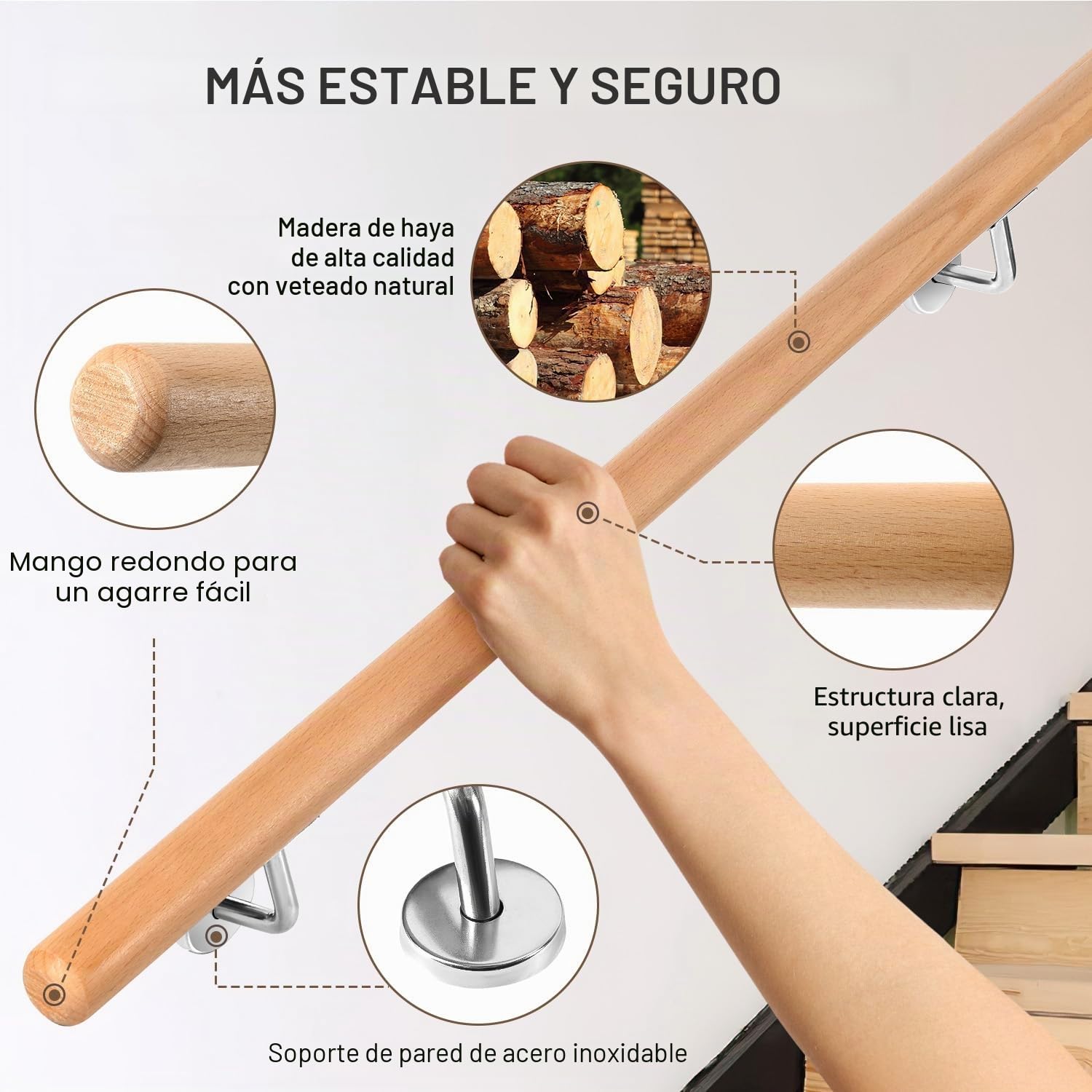 Ikodm Barandilla para escaleras, madera de haya, 100 cm, diámetro de 42 mm, barandilla para escaleras, pasamanos de pared, montaje lateral con soportes de pared, material de montaje