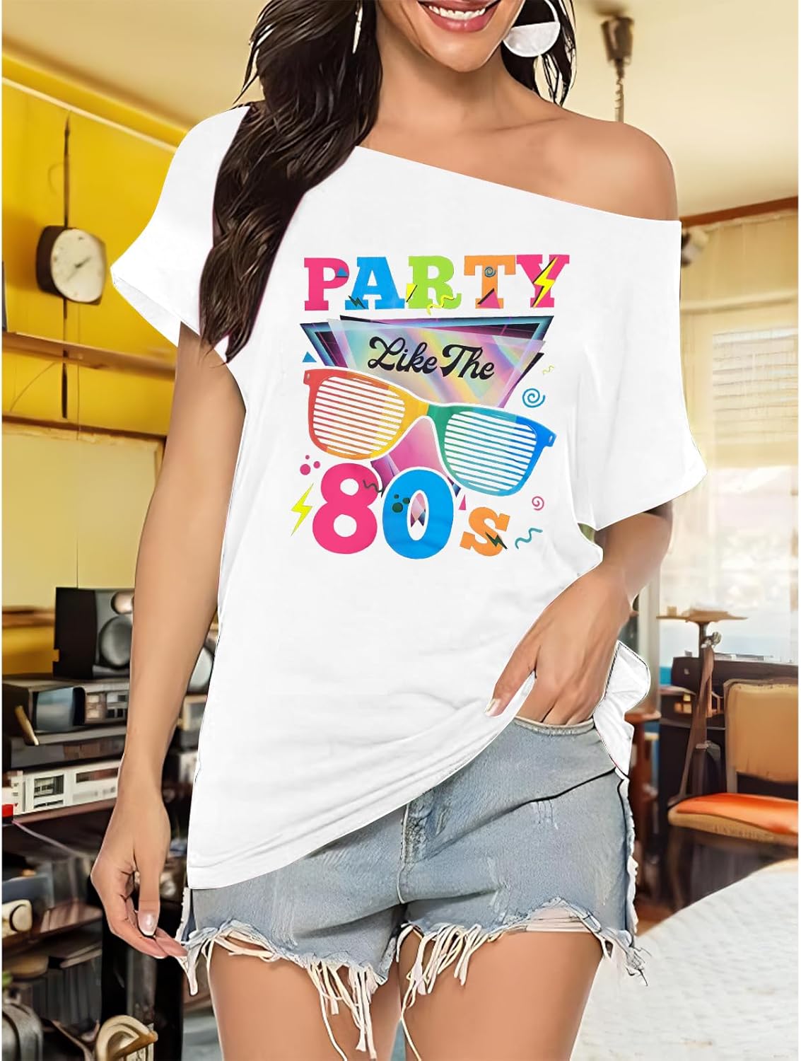 80s Outfit for Women 80's Retro Theme Party Shirts Vintage Disco Outfits 1980s Clothes 90s Neon Off Shoulder Tops - Image 2